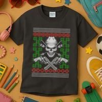 Cool Cowboy Skull Ugly Christmas Sweater Kids T-Shirt thumb 3