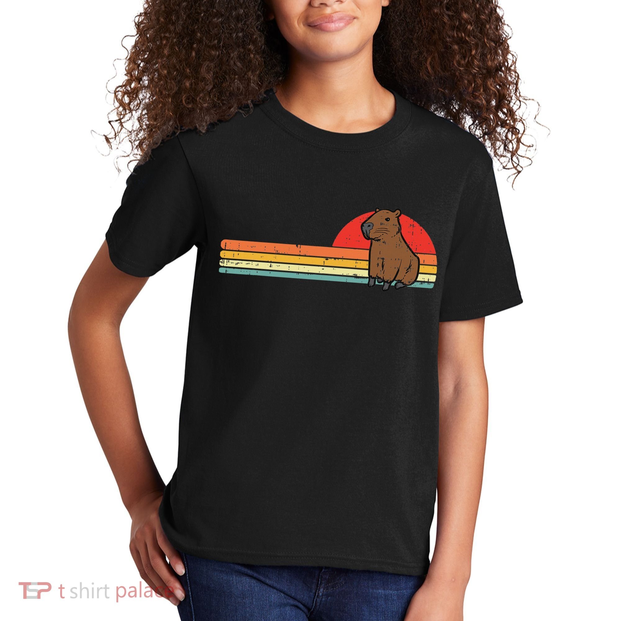 Capybara Chest Sunset Retro Capy Rodent Women Kids T-Shirt