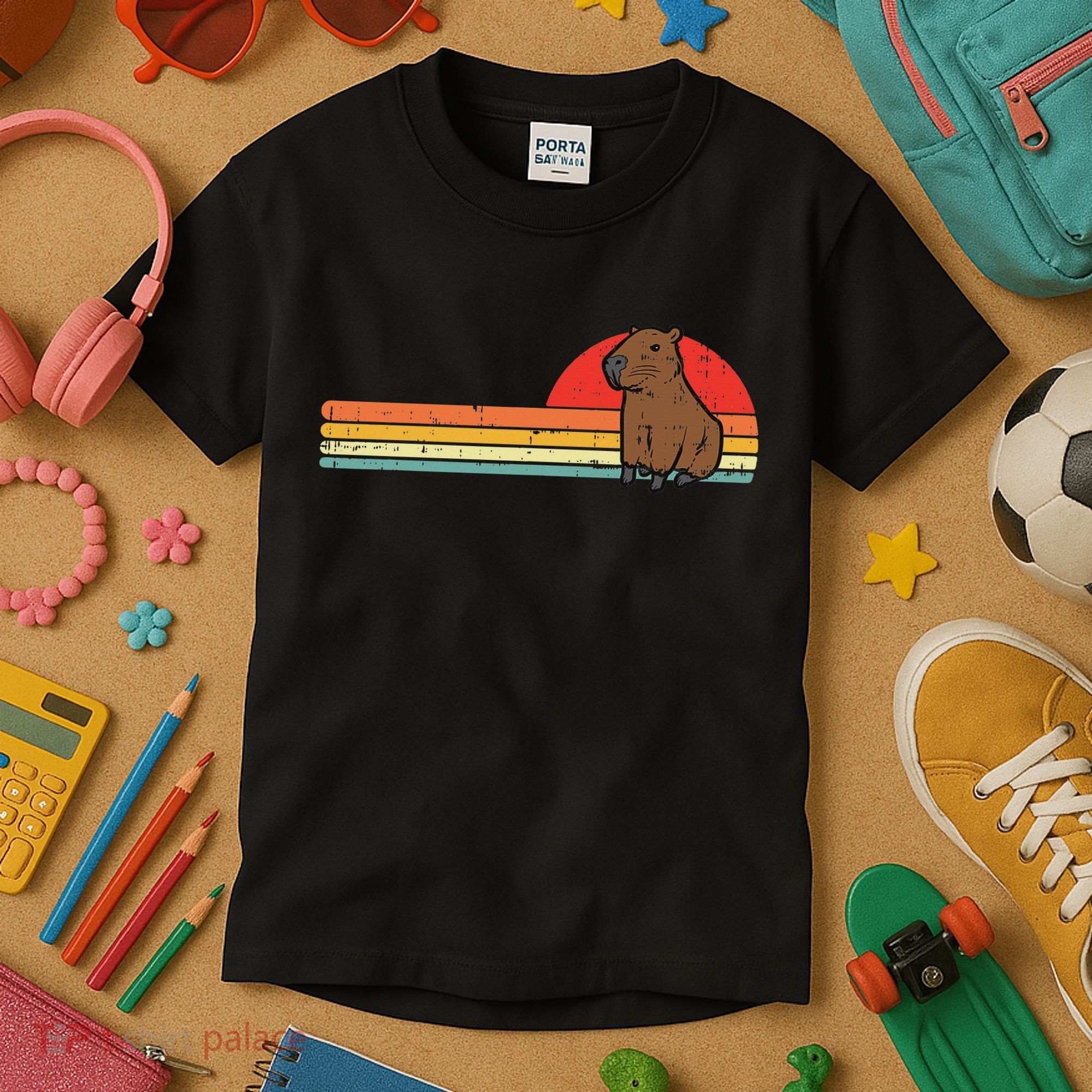 Capybara Chest Sunset Retro Capy Rodent Women Kids T-Shirt