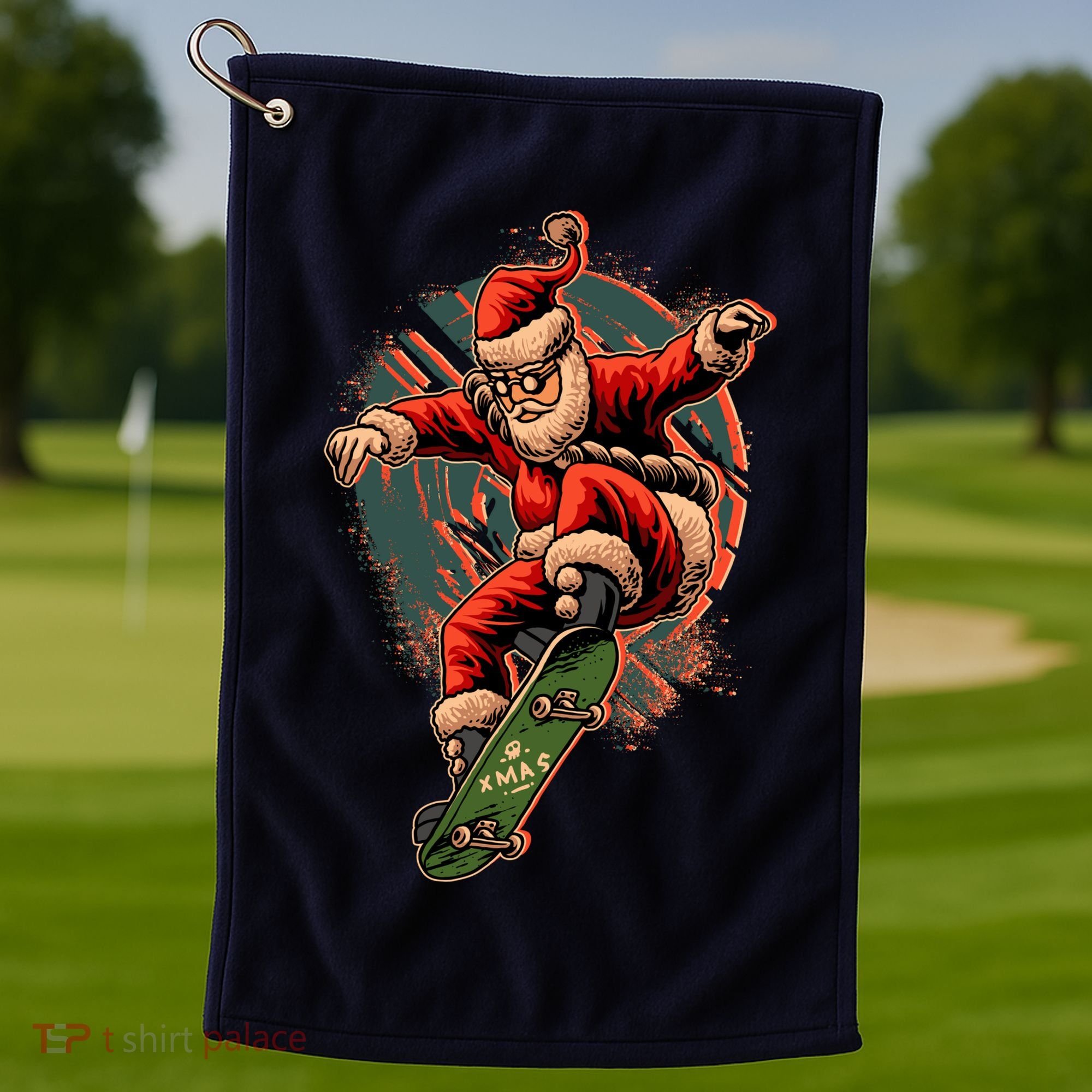 Cool Christmas Skateboarding Santa Claus Golf Towel
