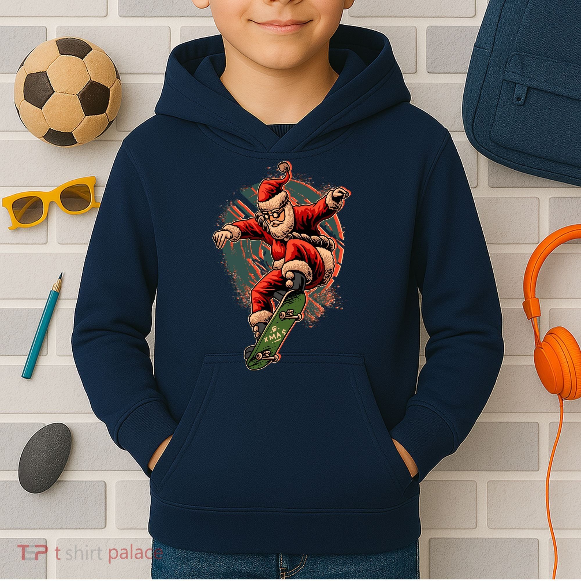 Cool Christmas Skateboarding Santa Claus Kids Hoodie