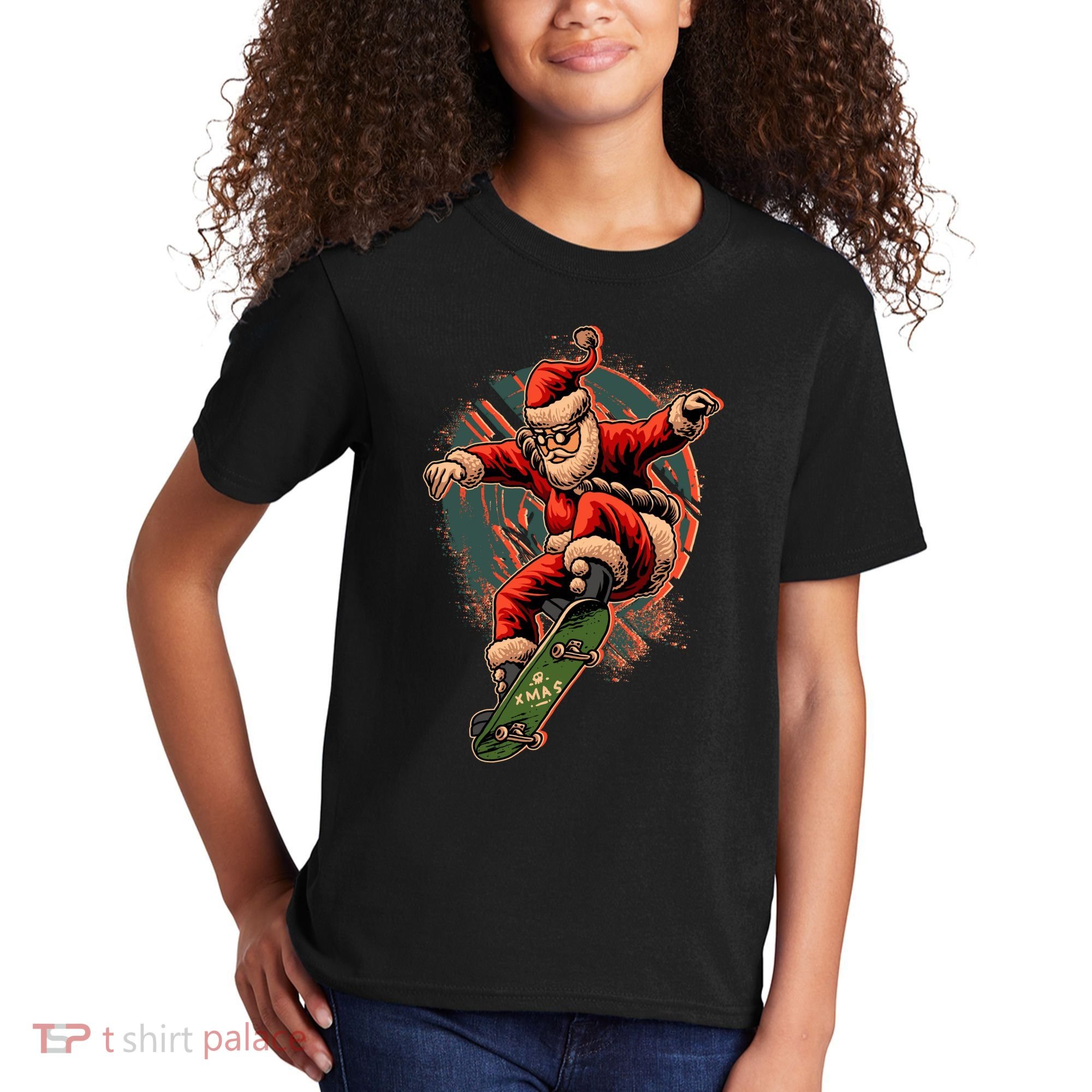 Cool Christmas Skateboarding Santa Claus Kids T-Shirt