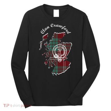 Clan Crawford Surname Last Name Scottish Tartan Crest Map Long Sleeve Shirt
