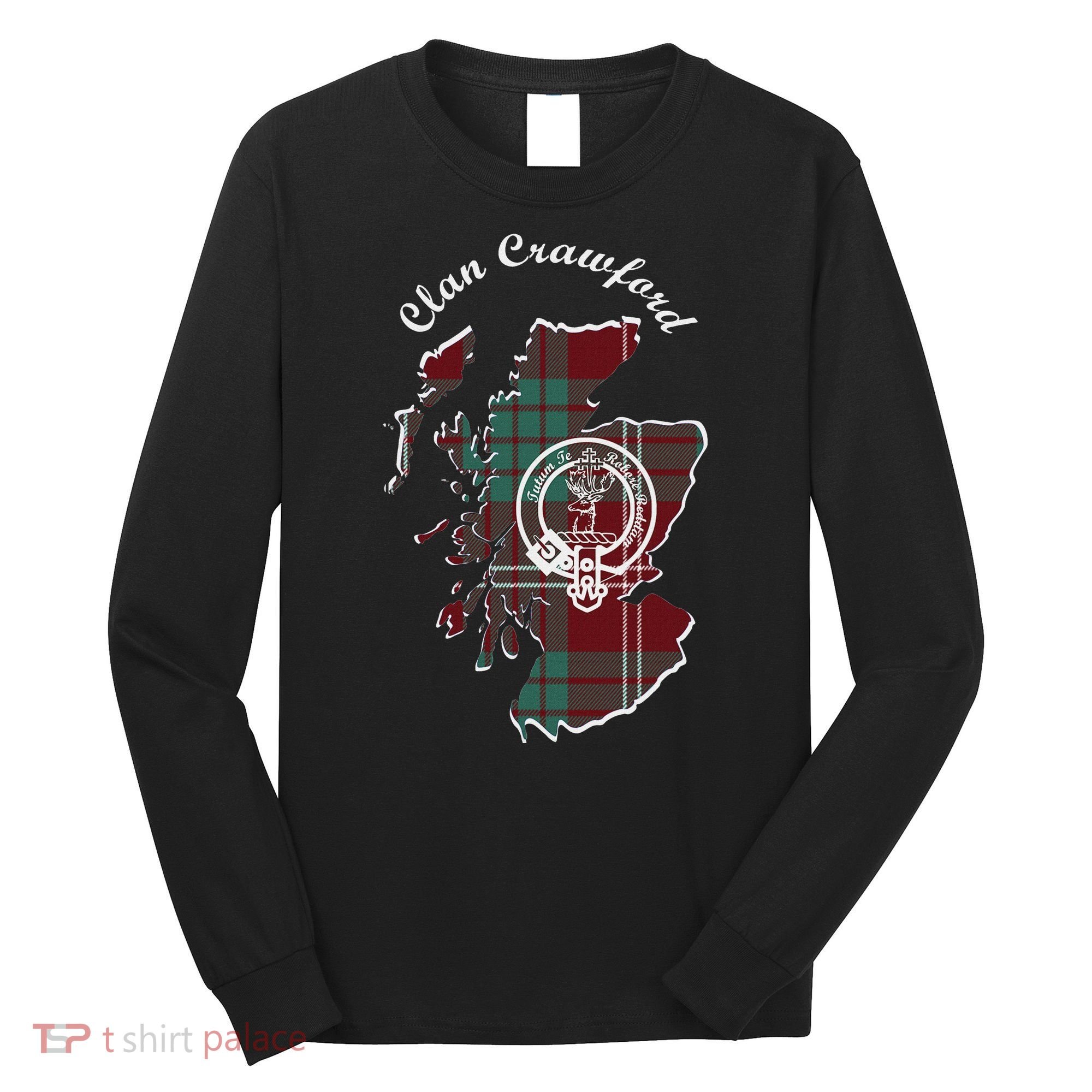 Clan Crawford Surname Last Name Scottish Tartan Crest Map Long Sleeve Shirt