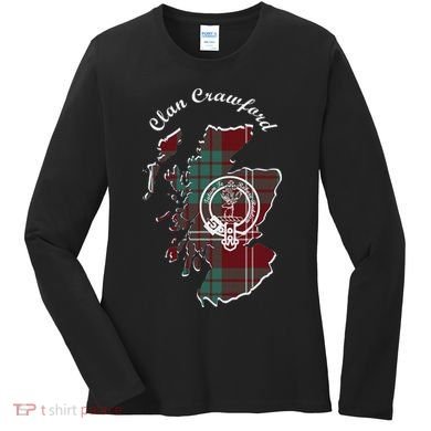 Clan Crawford Surname Last Name Scottish Tartan Crest Map Women's Long Sleeve Shirt