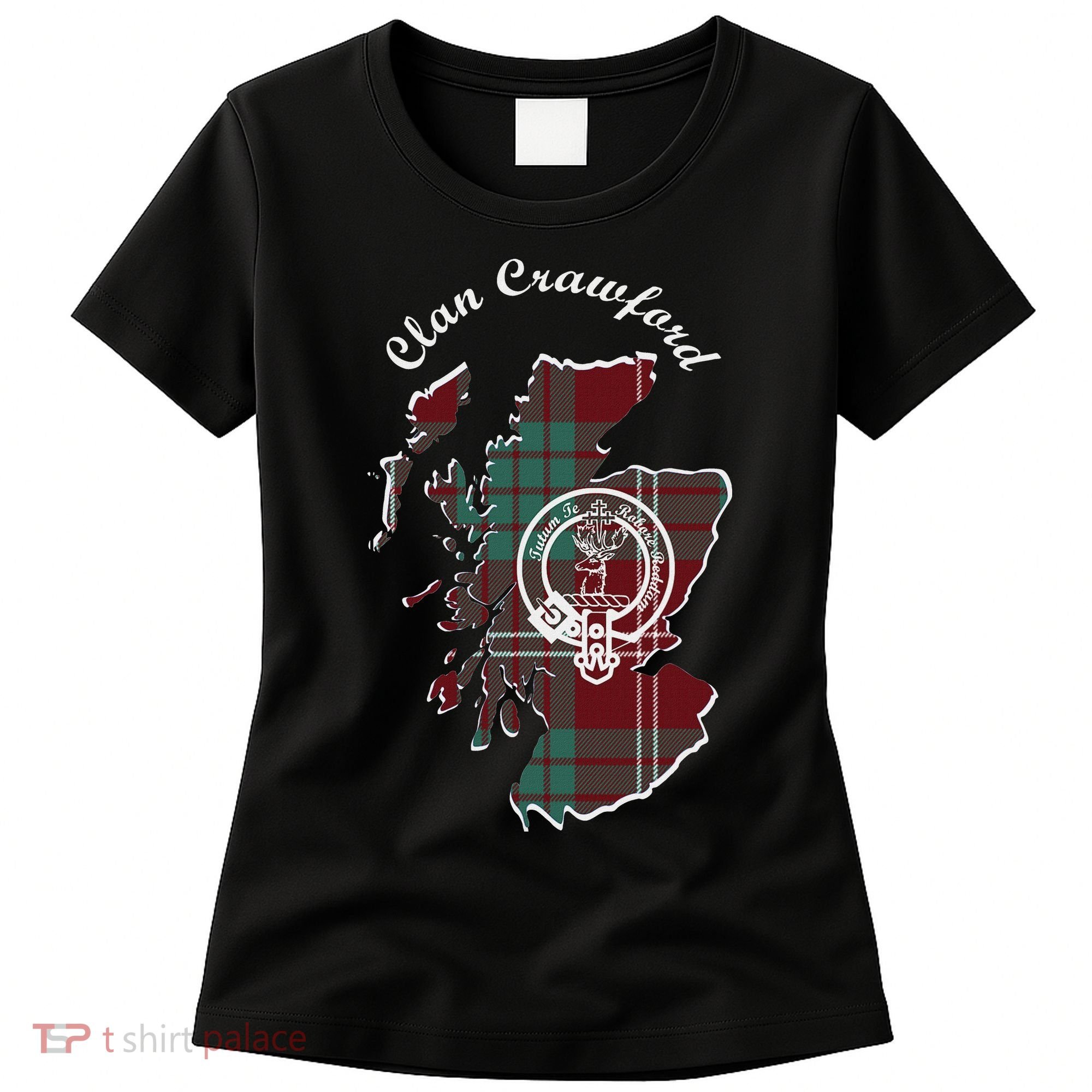 Clan Crawford Surname Last Name Scottish Tartan Crest Map Women's T-Shirt