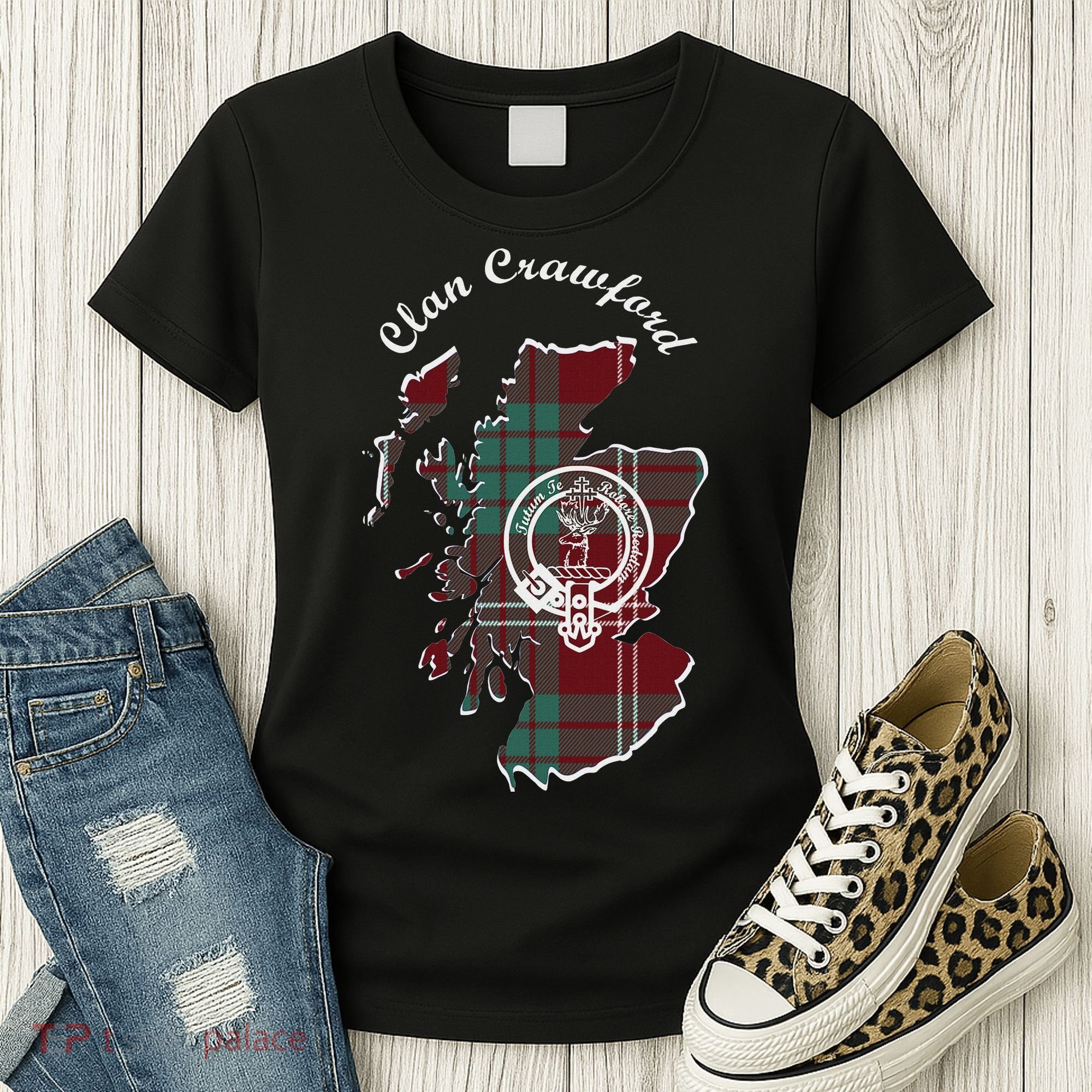 Clan Crawford Surname Last Name Scottish Tartan Crest Map Women's T-Shirt