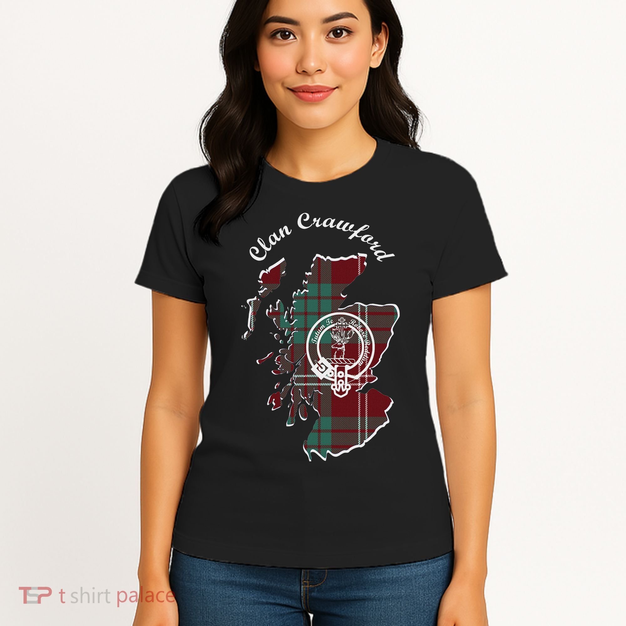 Clan Crawford Surname Last Name Scottish Tartan Crest Map Women's T-Shirt