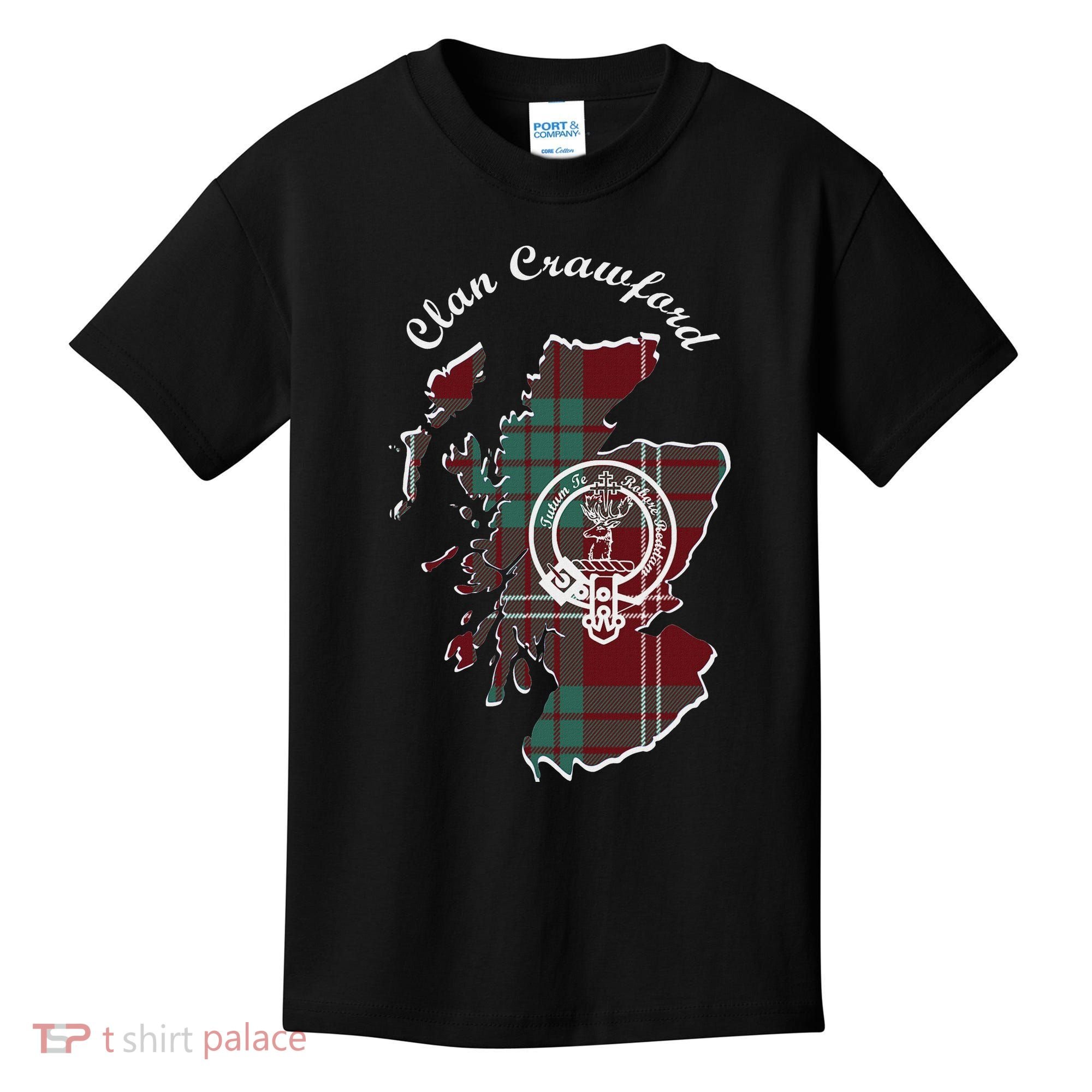 Clan Crawford Surname Last Name Scottish Tartan Crest Map Kids T-Shirt