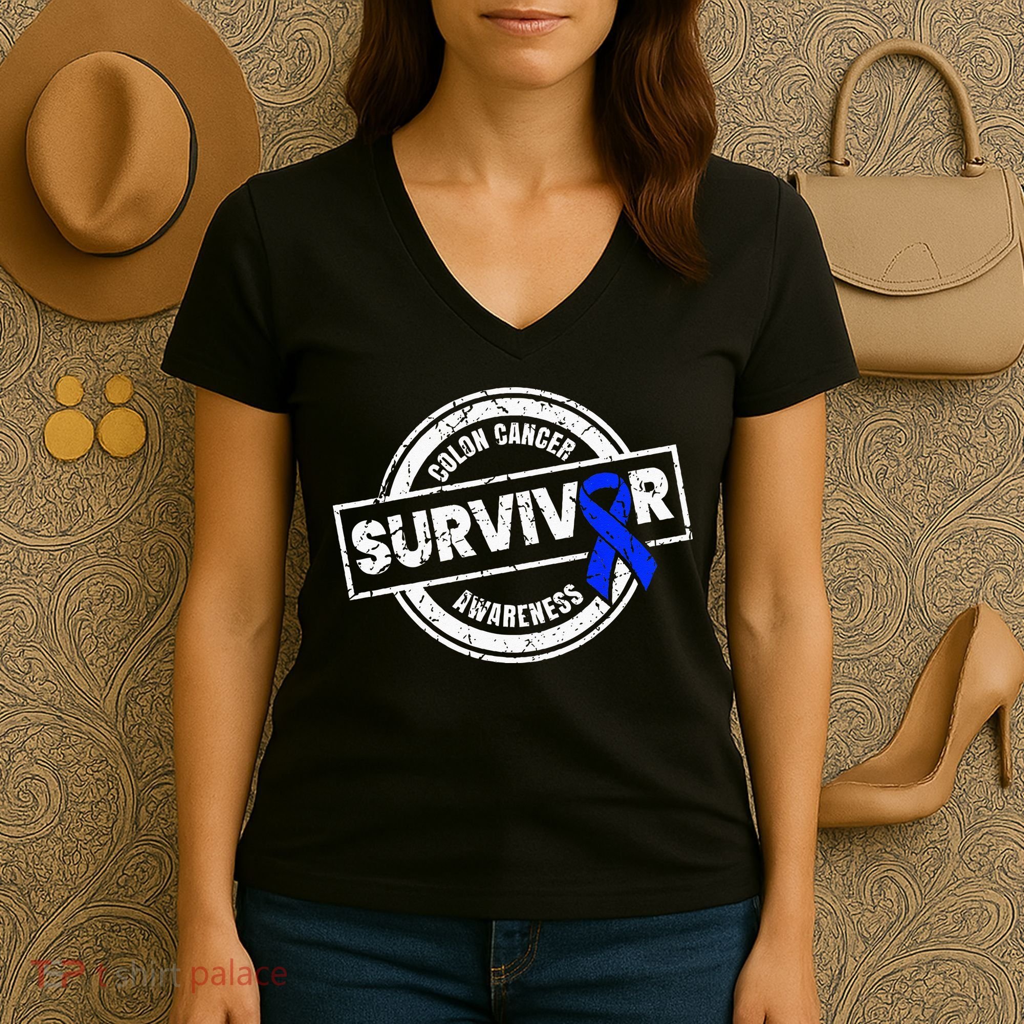 Colon Cancer Survivor Colon Cancer Awareness Month Women's V-Neck T-Shirt