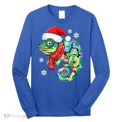 Chameleon Christmas Santa Hat Animal Lover Xmas Light Cool Gift Long Sleeve Shirt