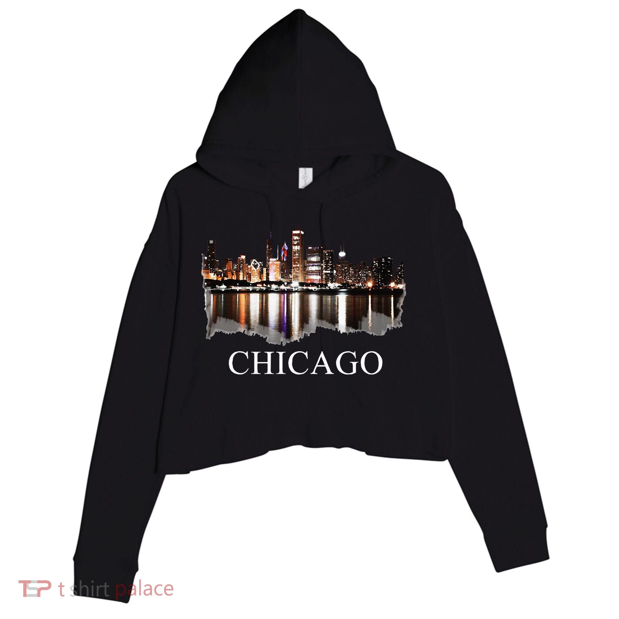 Chicago City Skyline Lights At Night Chicago Illinois USA Crop Fleece Hoodie