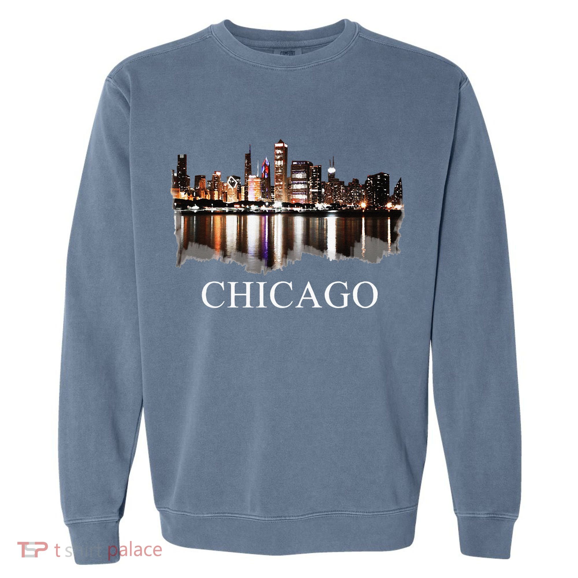Chicago City Skyline Lights At Night Chicago Illinois USA Garment-Dyed Sweatshirt