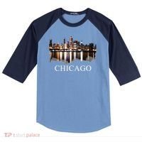 Chicago City Skyline Lights At Night Chicago Illinois USA Raglan Baseball Sleeve Shirt thumb 0
