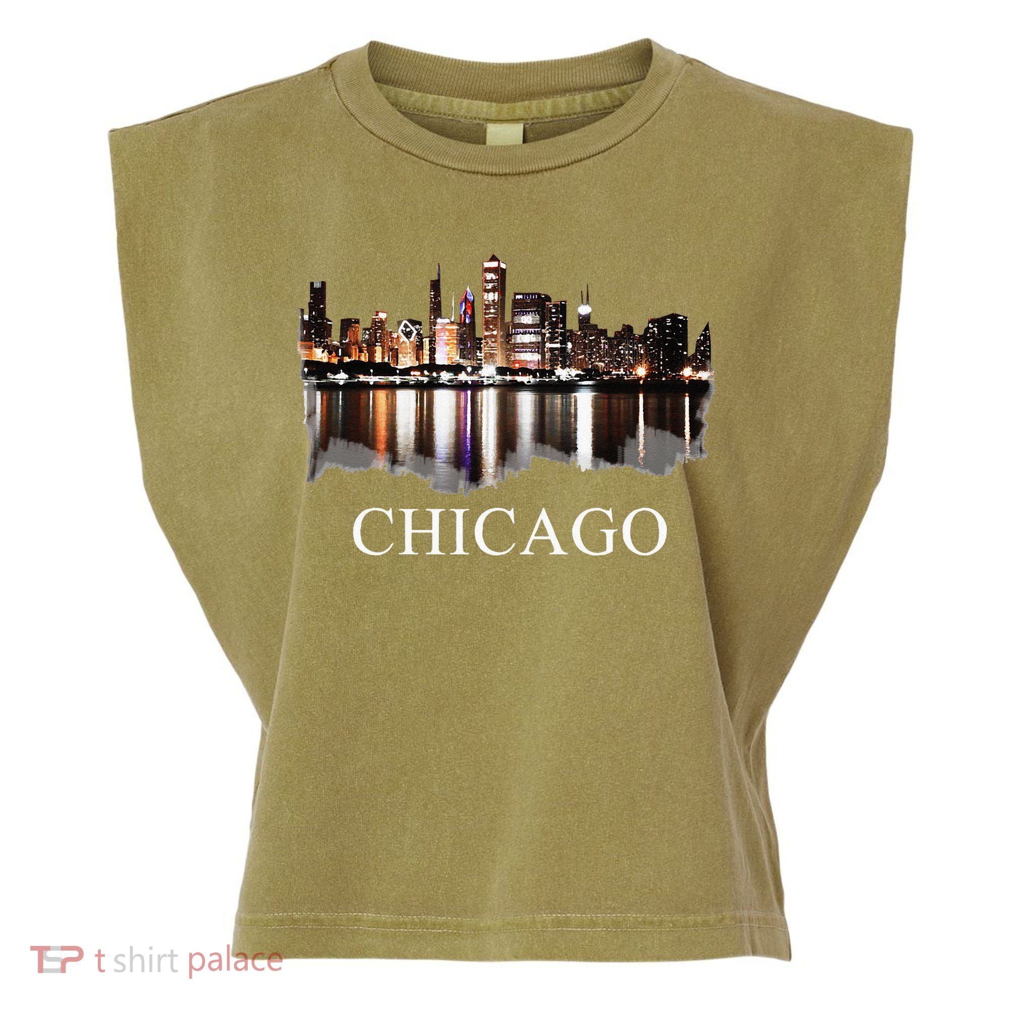Chicago City Skyline Lights At Night Chicago Illinois USA Garment-Dyed Women's Muscle Tee