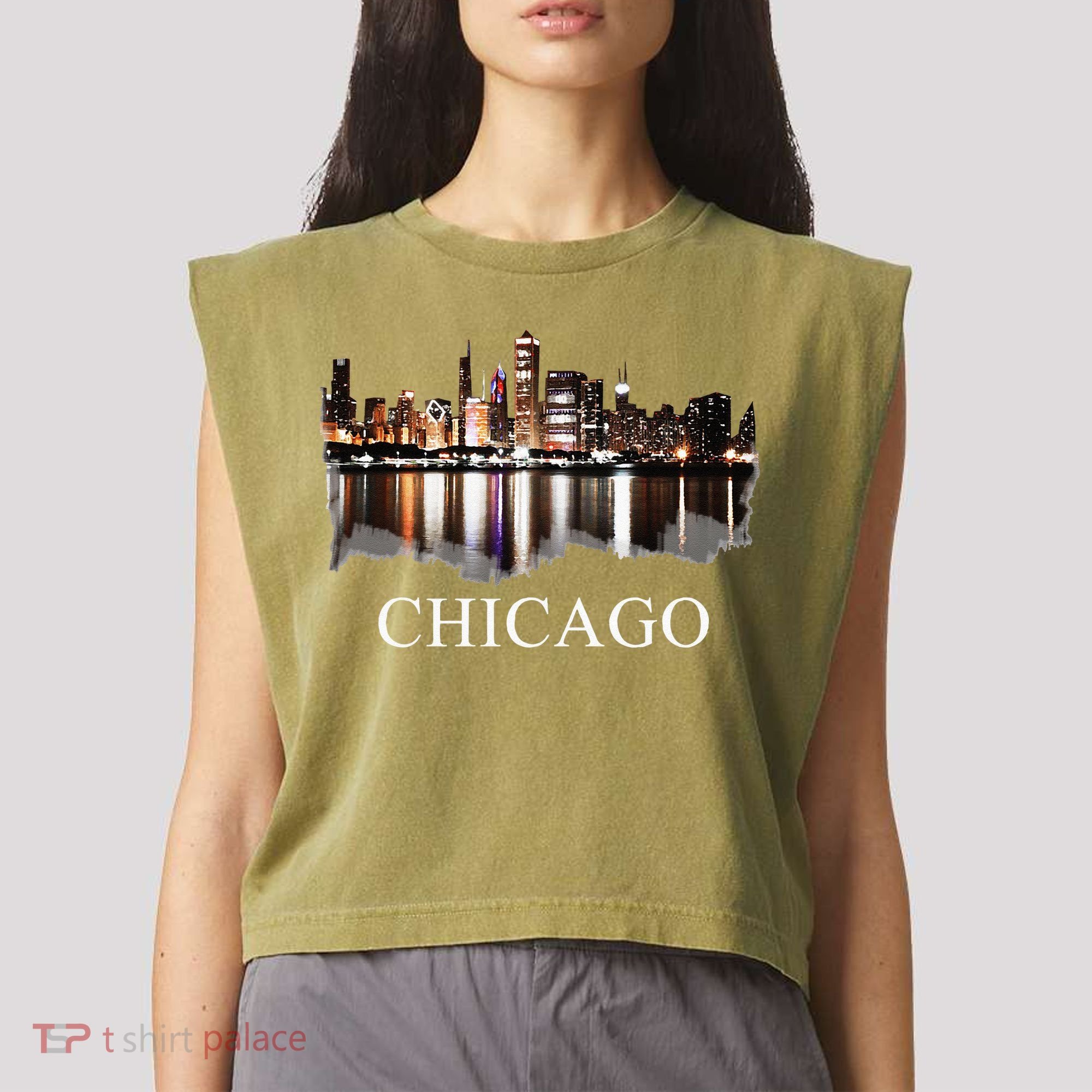 Chicago City Skyline Lights At Night Chicago Illinois USA Garment-Dyed Women's Muscle Tee