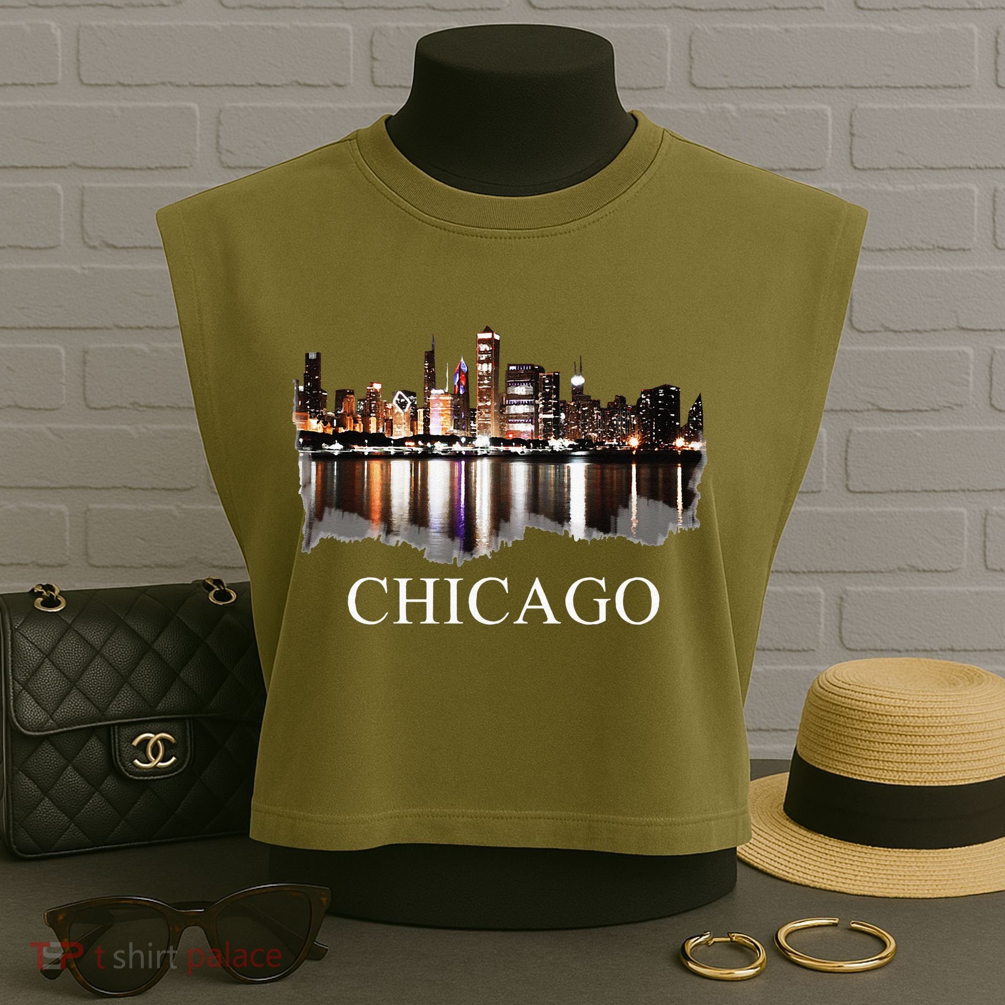 Chicago City Skyline Lights At Night Chicago Illinois USA Garment-Dyed Women's Muscle Tee