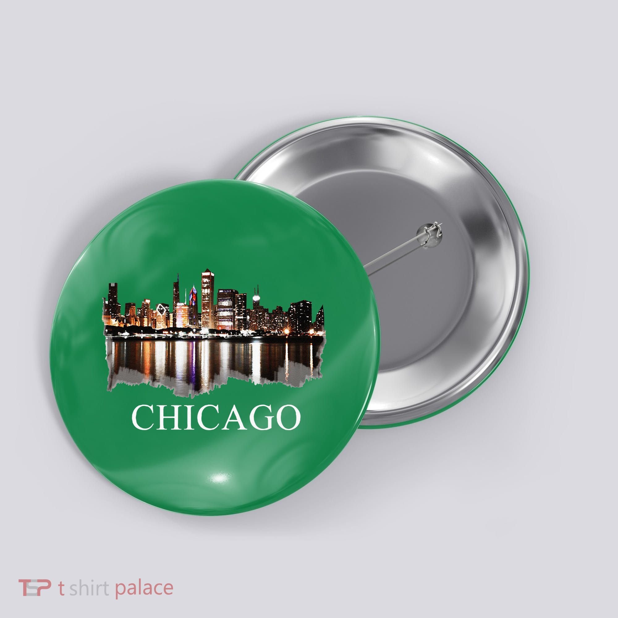 Chicago City Skyline Lights At Night Chicago Illinois USA Button