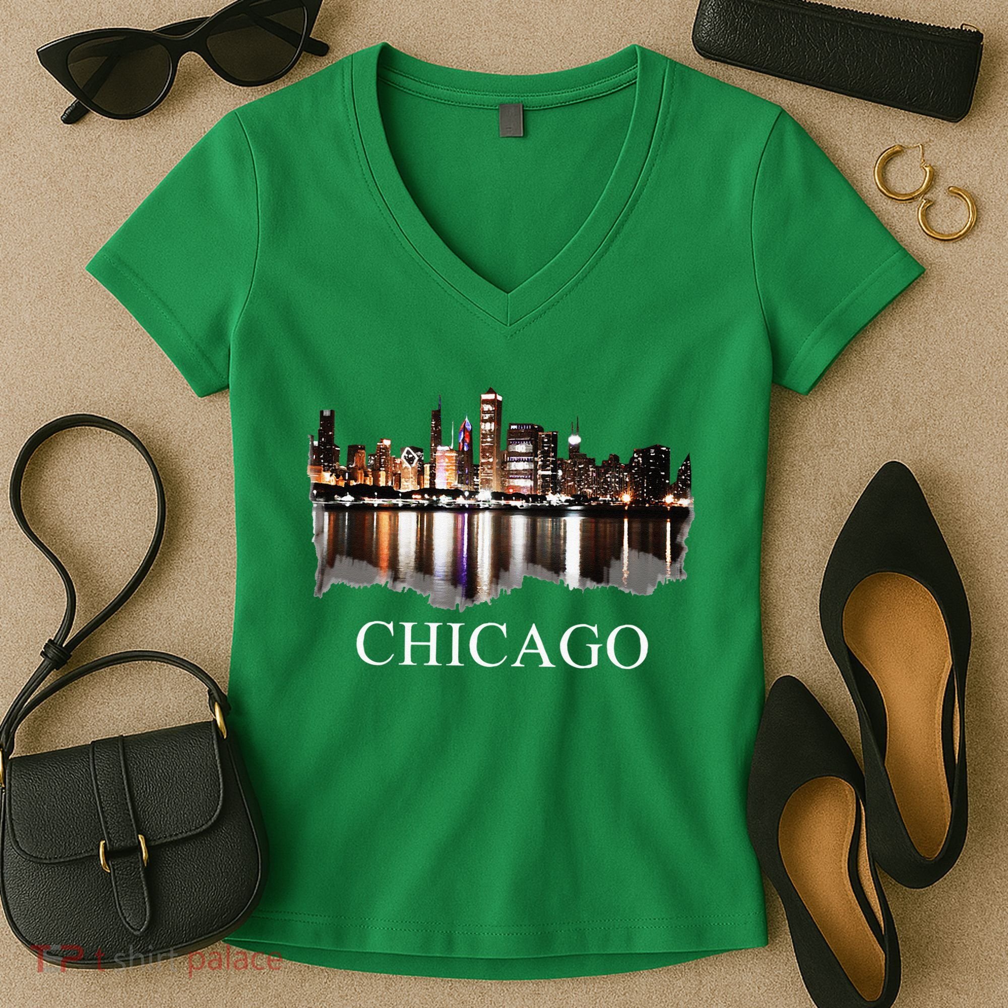 Chicago City Skyline Lights At Night Chicago Illinois USA Women's V-Neck T-Shirt