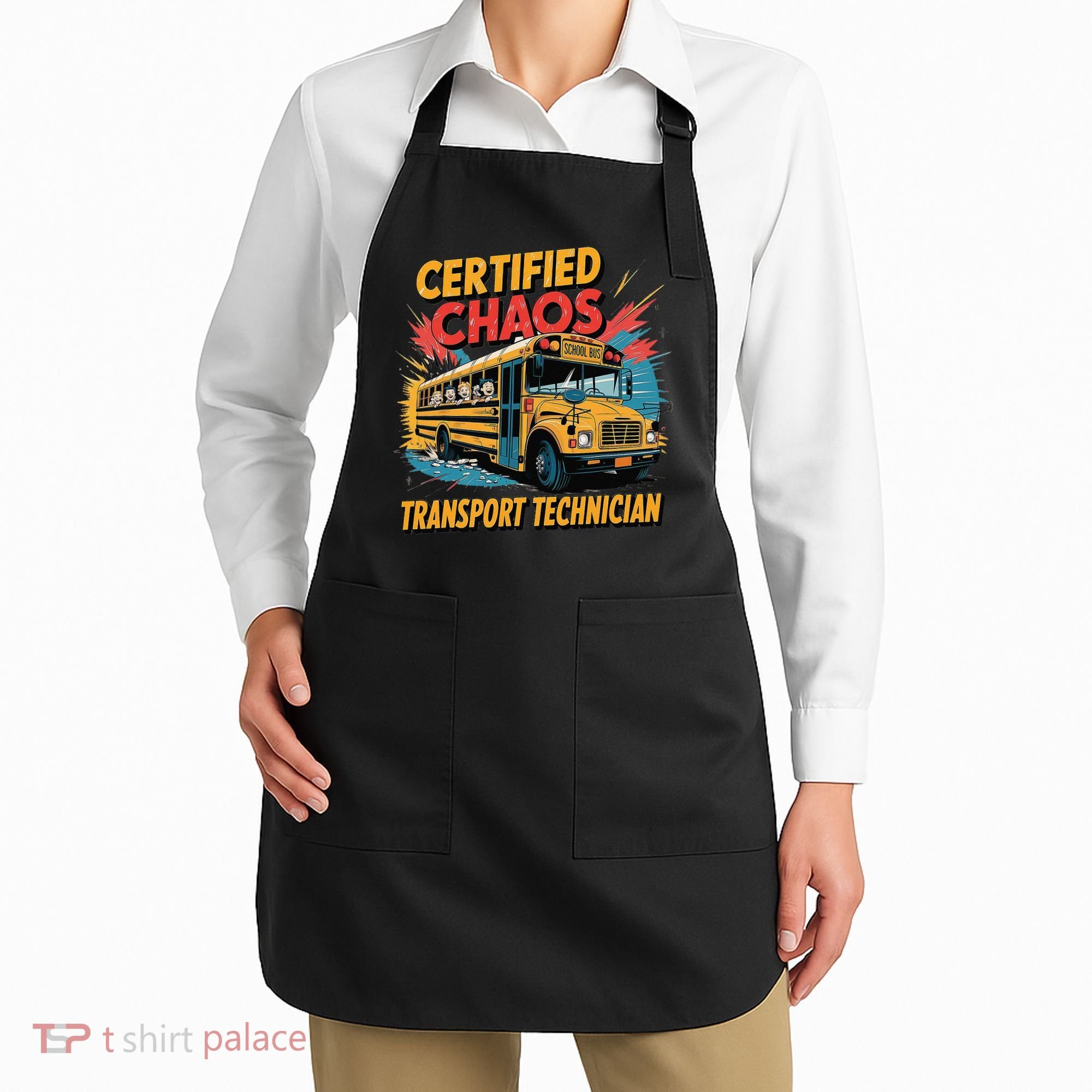 Certified Chaos Transport Technician Funny School Bus Apron