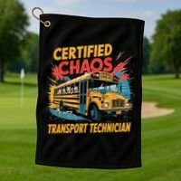 Certified Chaos Transport Technician Funny School Bus Golf Towel thumb 1