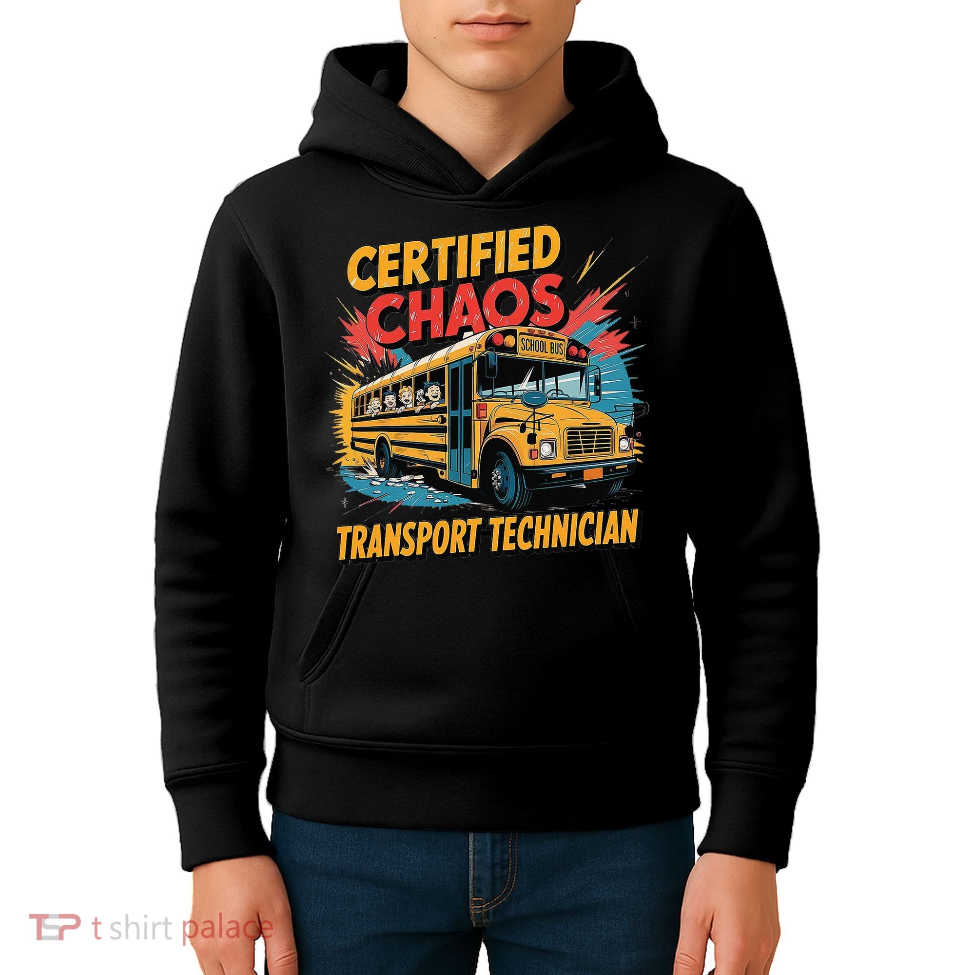 Certified Chaos Transport Technician Funny School Bus Kids Hoodie