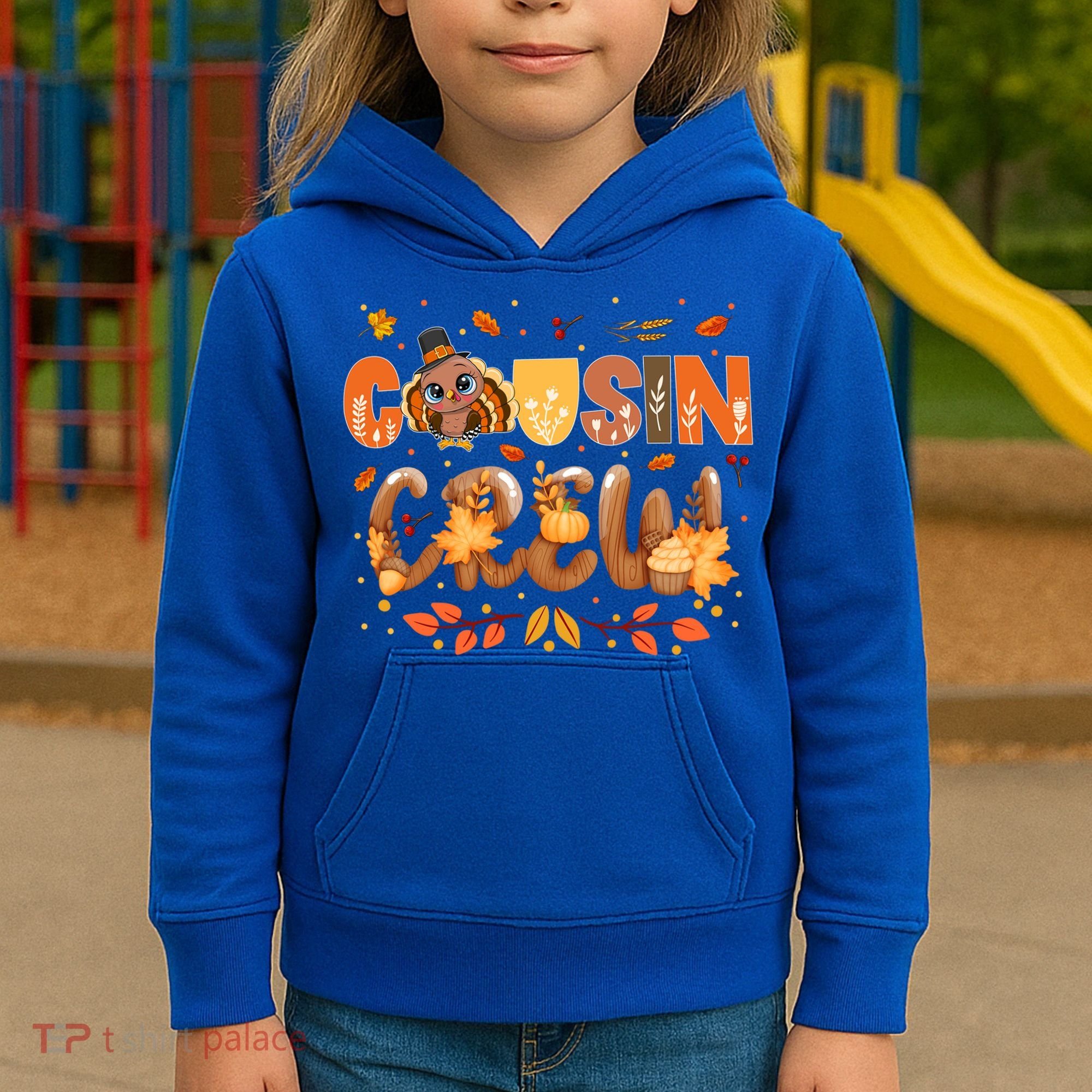 Cousin Crew Thanksgiving Turkey Fall Leaves Matching Family Funny Gift Kids Hoodie