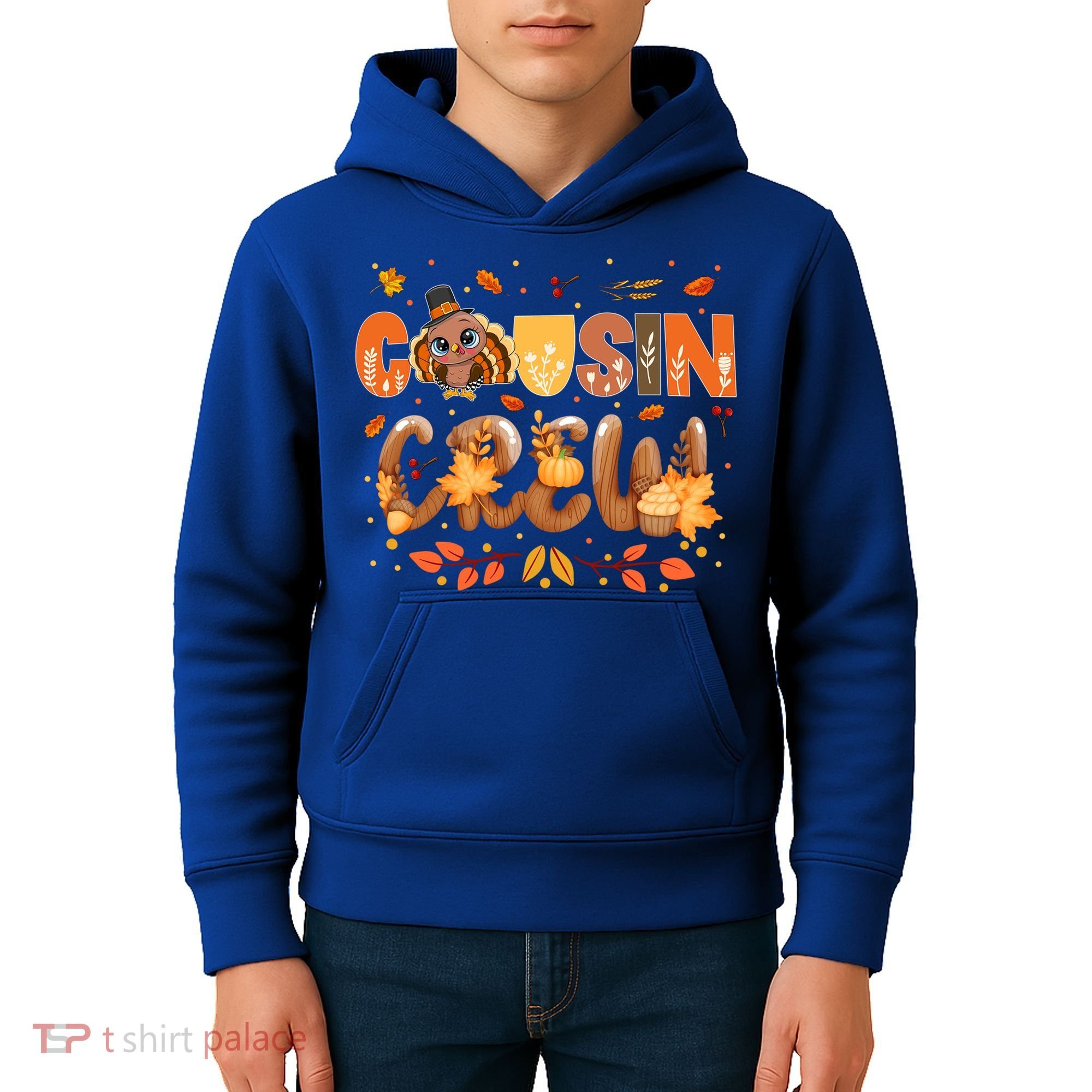 Cousin Crew Thanksgiving Turkey Fall Leaves Matching Family Funny Gift Kids Hoodie