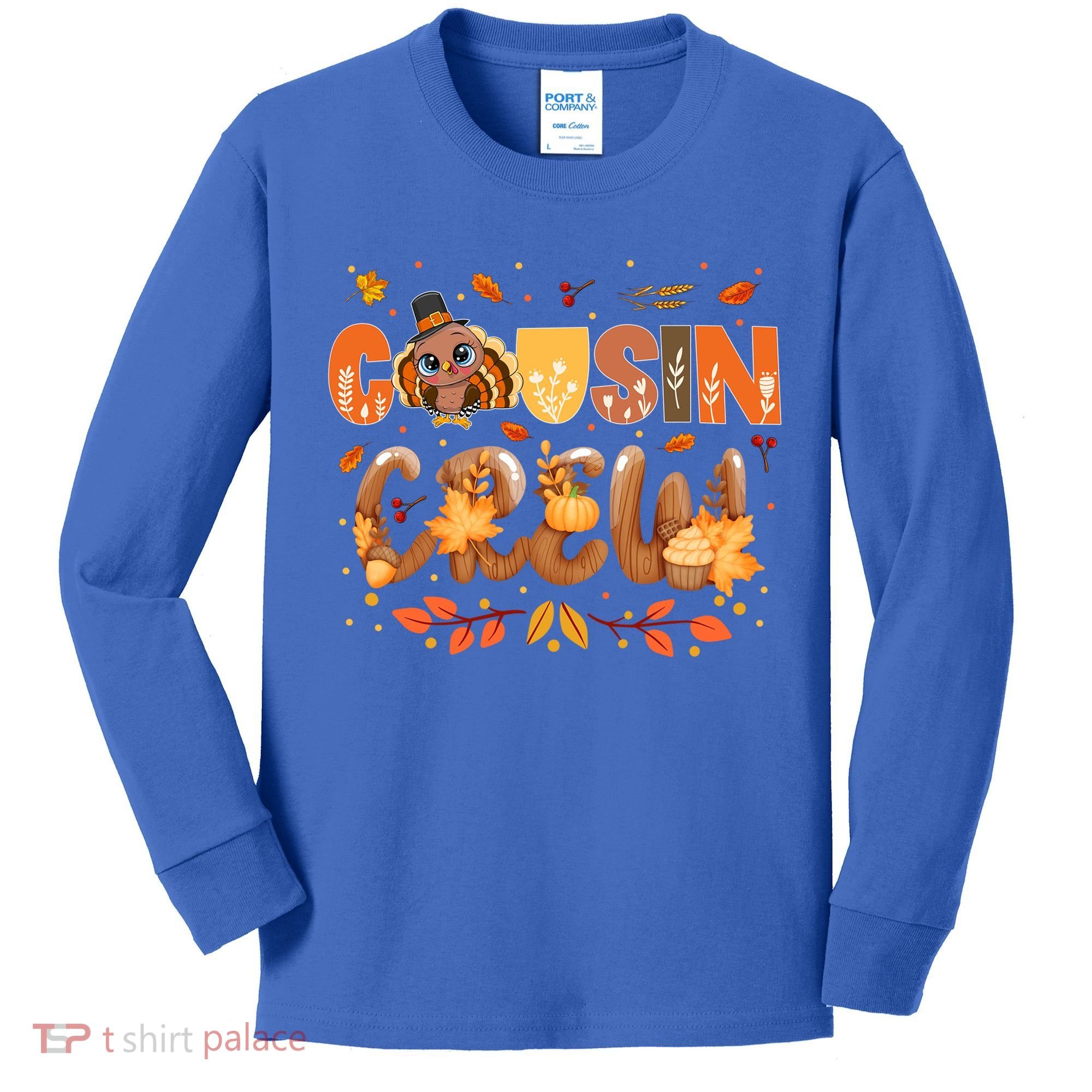 Cousin Crew Thanksgiving Turkey Fall Leaves Matching Family Funny Gift Kids Long Sleeve Shirt