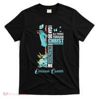 Christian Cross Teal Ribbon Survivor Fighter Ovarian Cancer T-Shirt thumb 0
