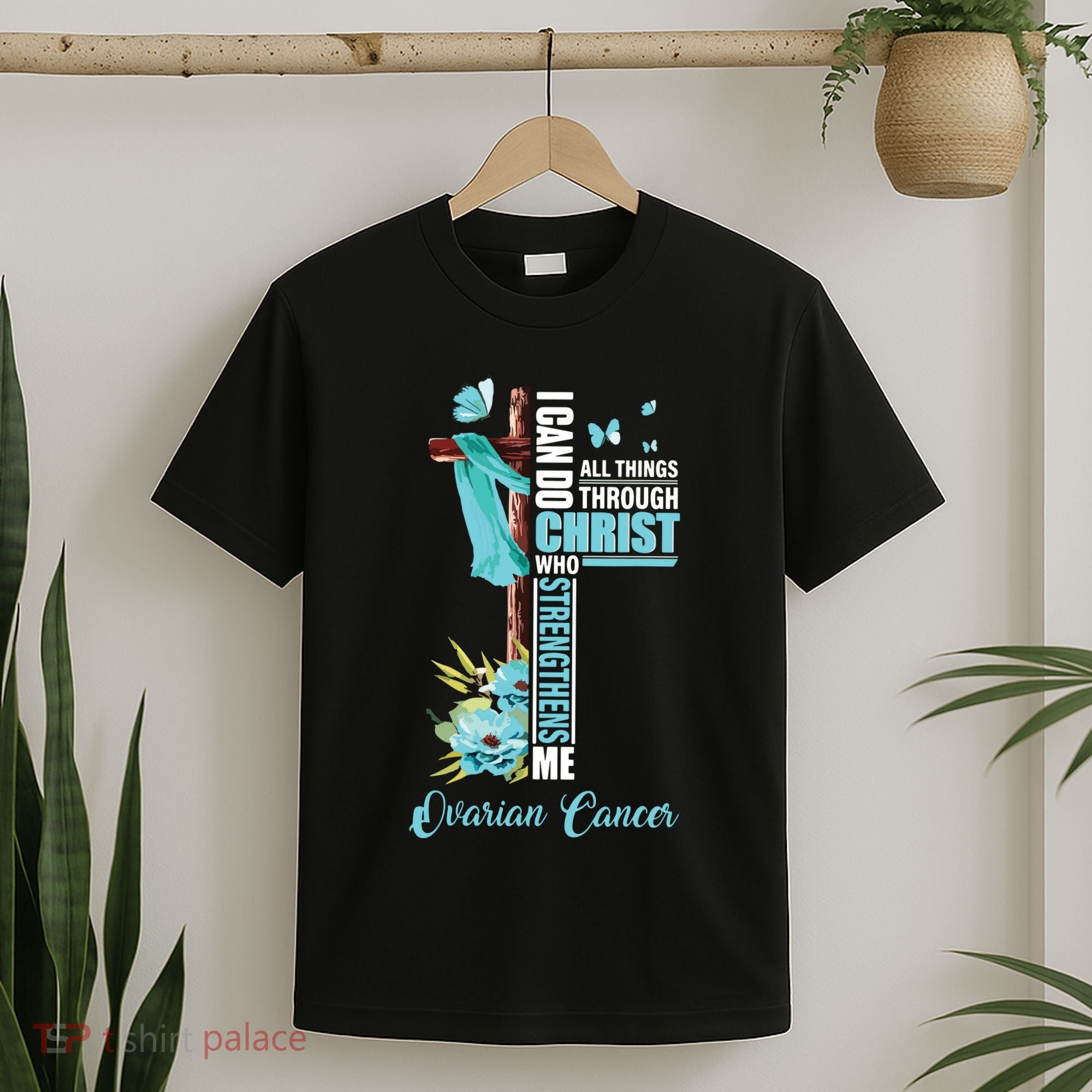Christian Cross Teal Ribbon Survivor Fighter Ovarian Cancer T-Shirt