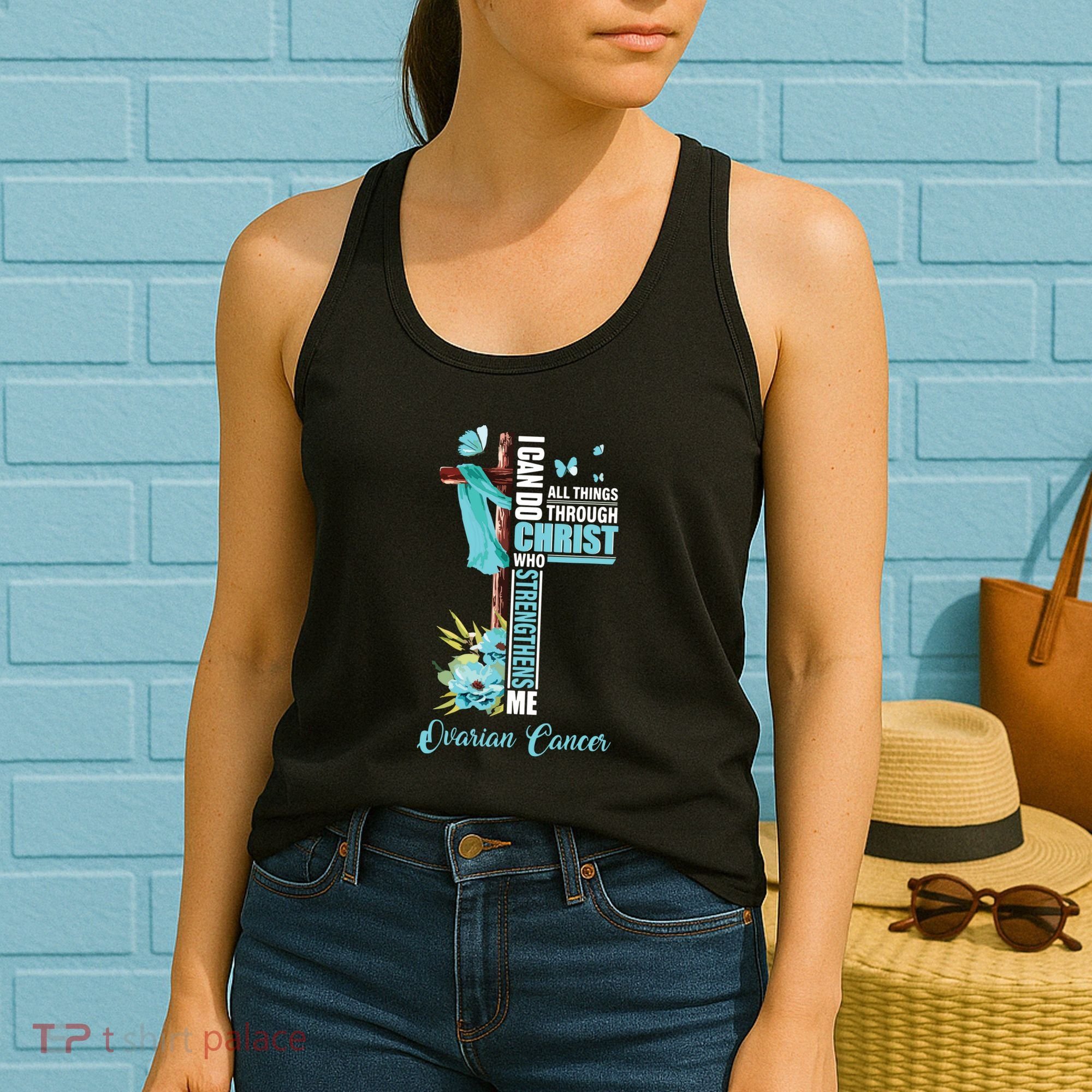 Christian Cross Teal Ribbon Survivor Fighter Ovarian Cancer Women's Tank Top
