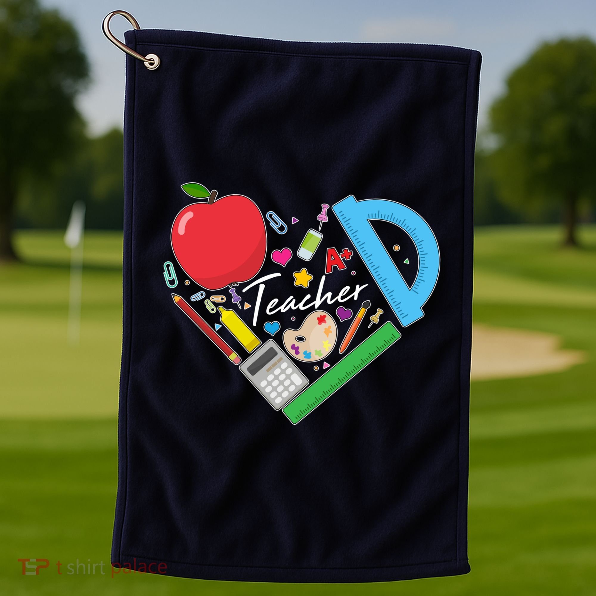 Cute Cool Teacher School Tools Heart Golf Towel