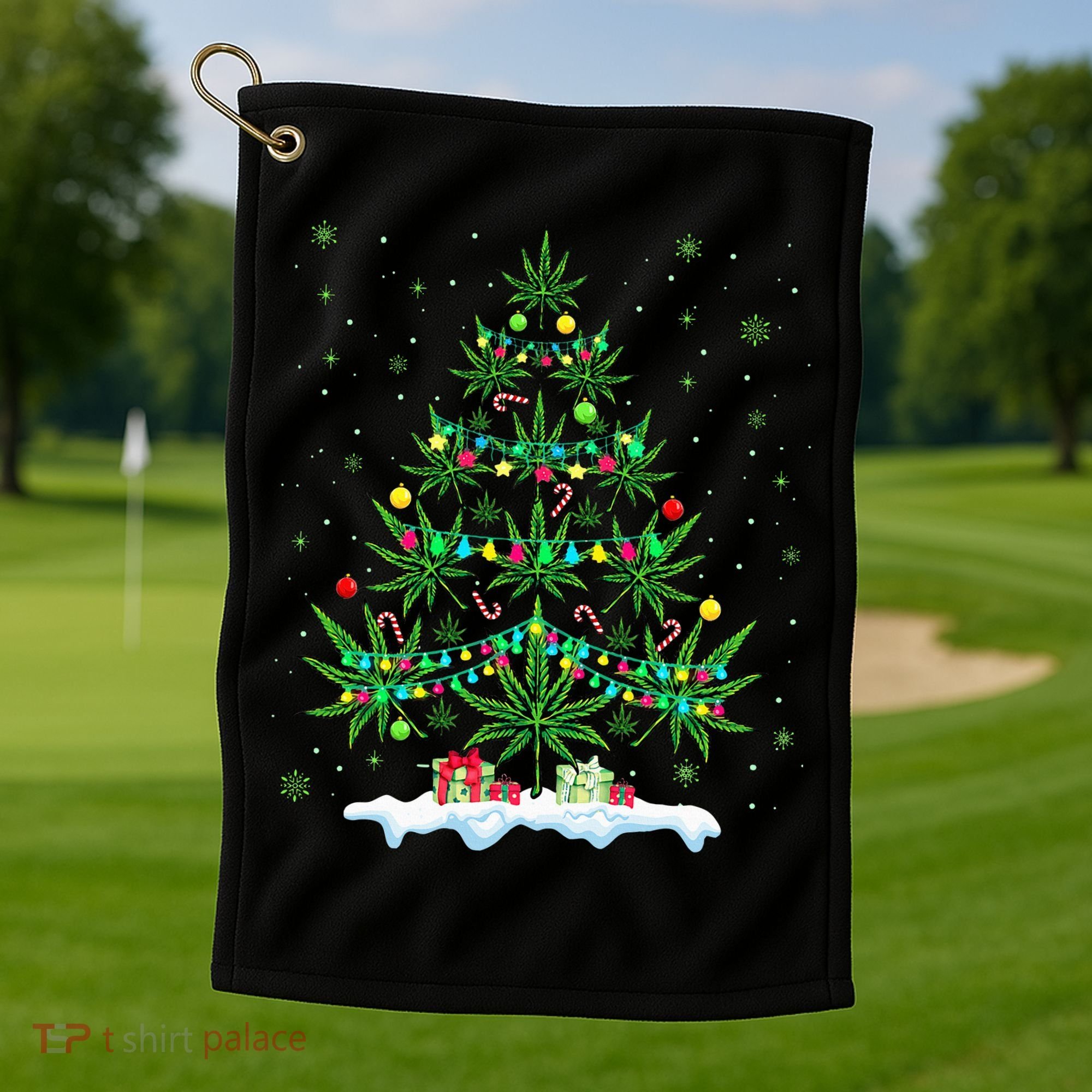 Cannabis Christmas Tree Xmas Funny Smoking Weed Marijuana Golf Towel