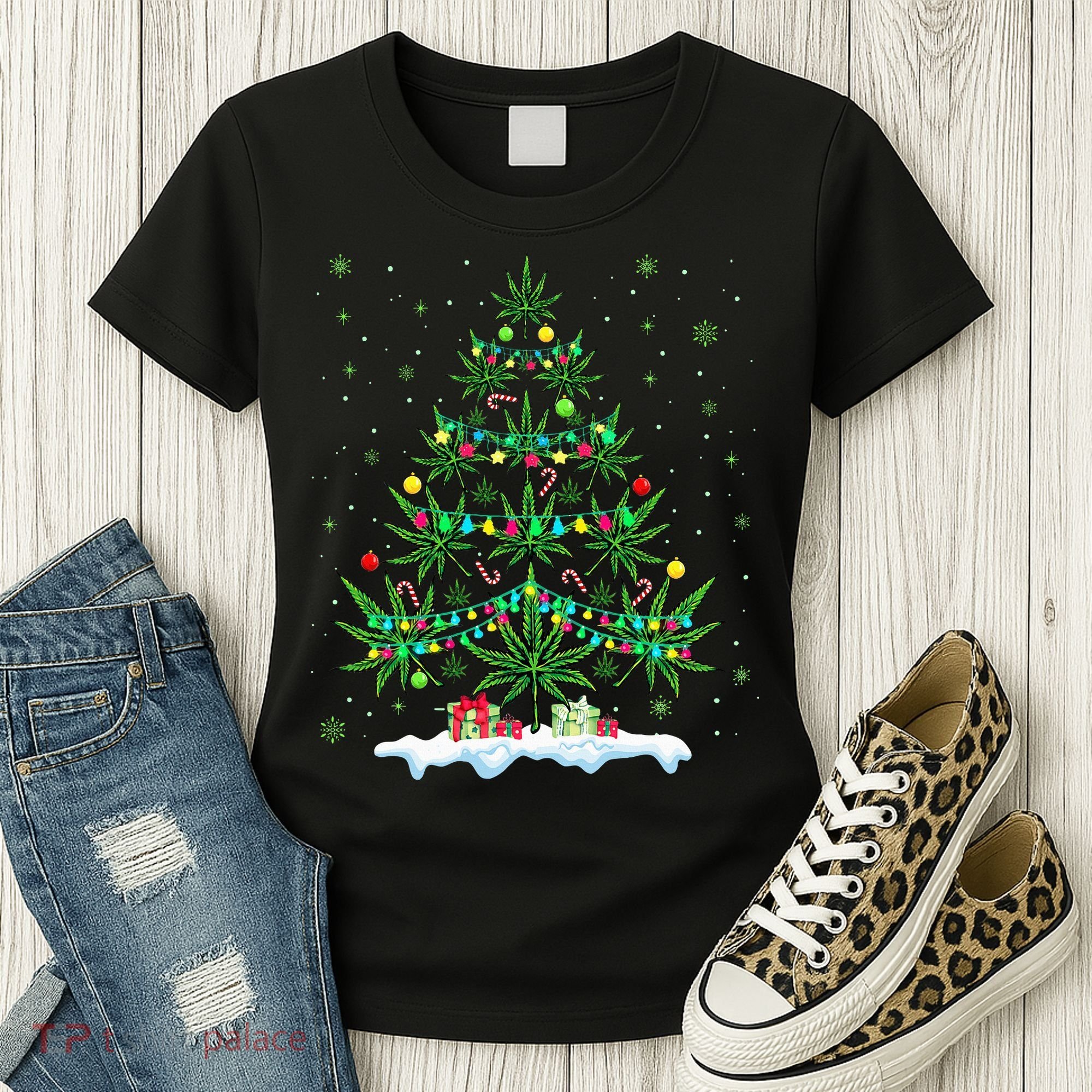 Cannabis Christmas Tree Xmas Funny Smoking Weed Marijuana Women's T-Shirt