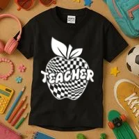 Cool Checkered Teacher Apple Kids T-Shirt thumb 3