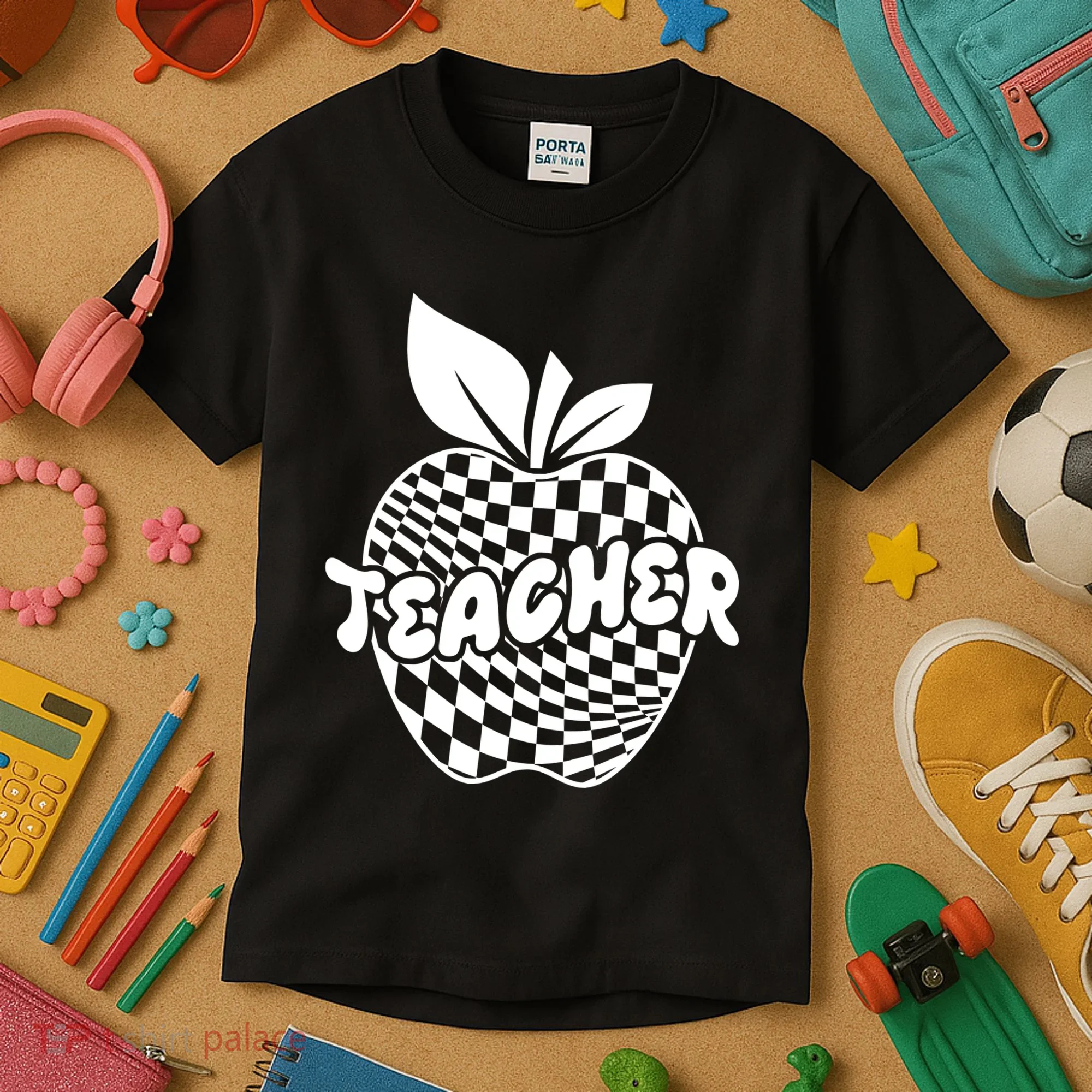 Cool Checkered Teacher Apple Kids T-Shirt