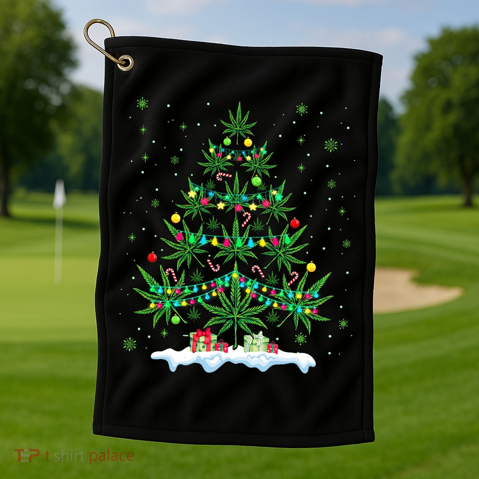 Cannabis Christmas Tree Xmas Funny Smoking Weed Marijuana Golf Towel