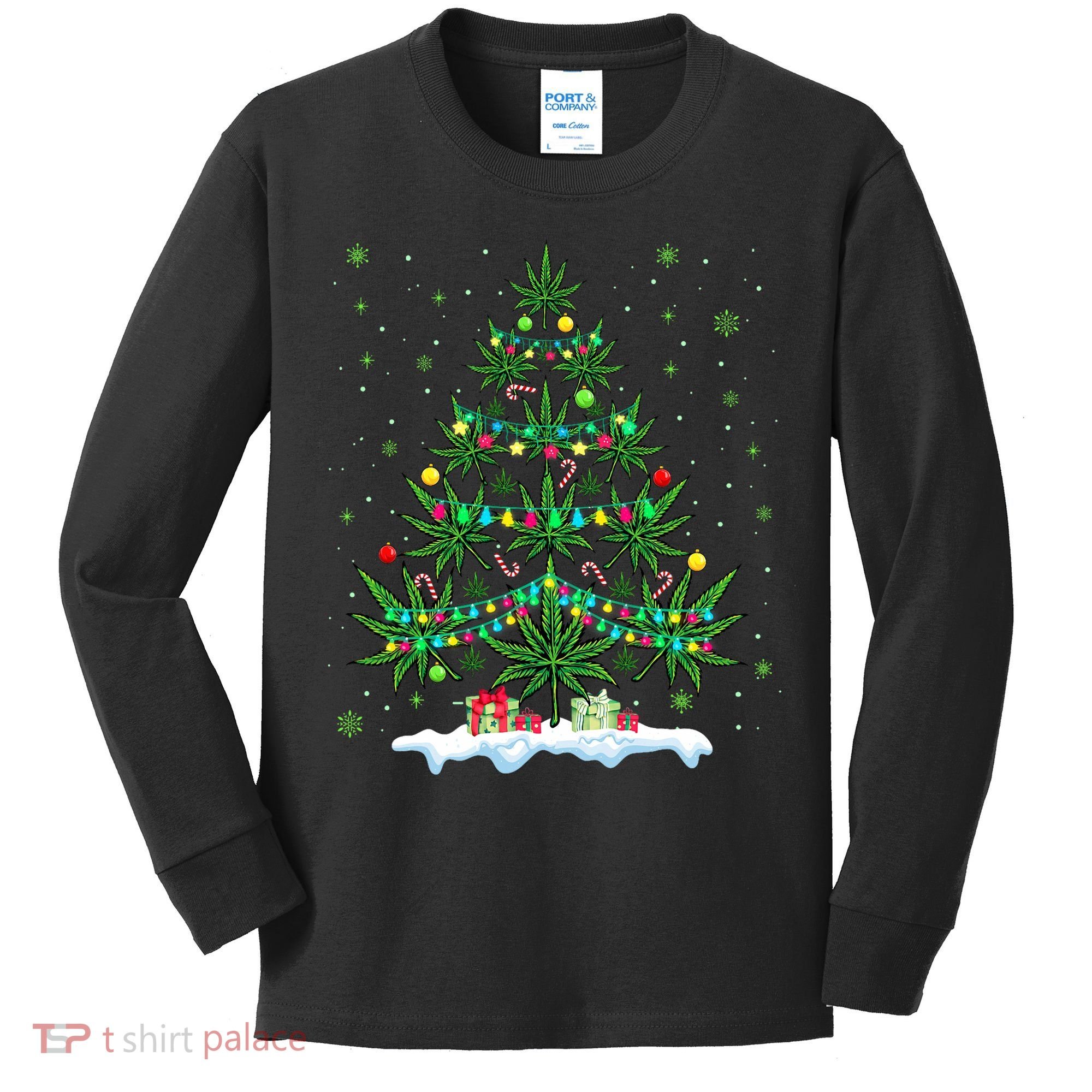 Cannabis Christmas Tree Xmas Funny Smoking Weed Marijuana Kids Long Sleeve Shirt