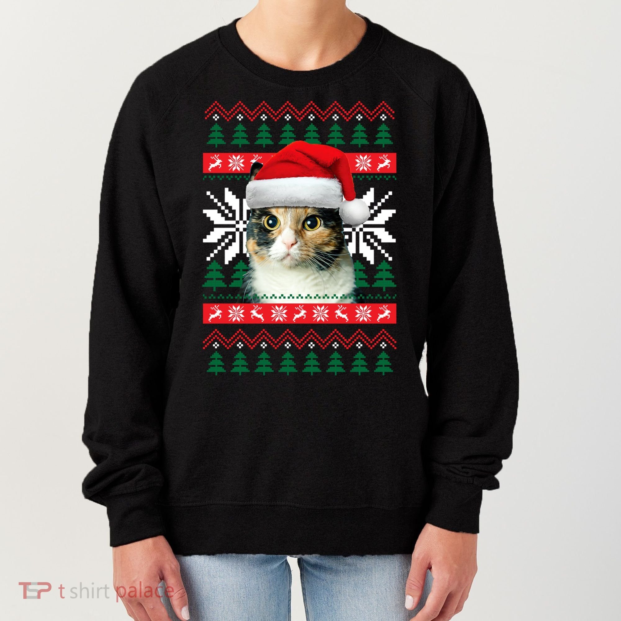 Calico Cat Ugly Christmas Sweater Style Santa Hat Kitty Mom Gift Women's Sweatshirt