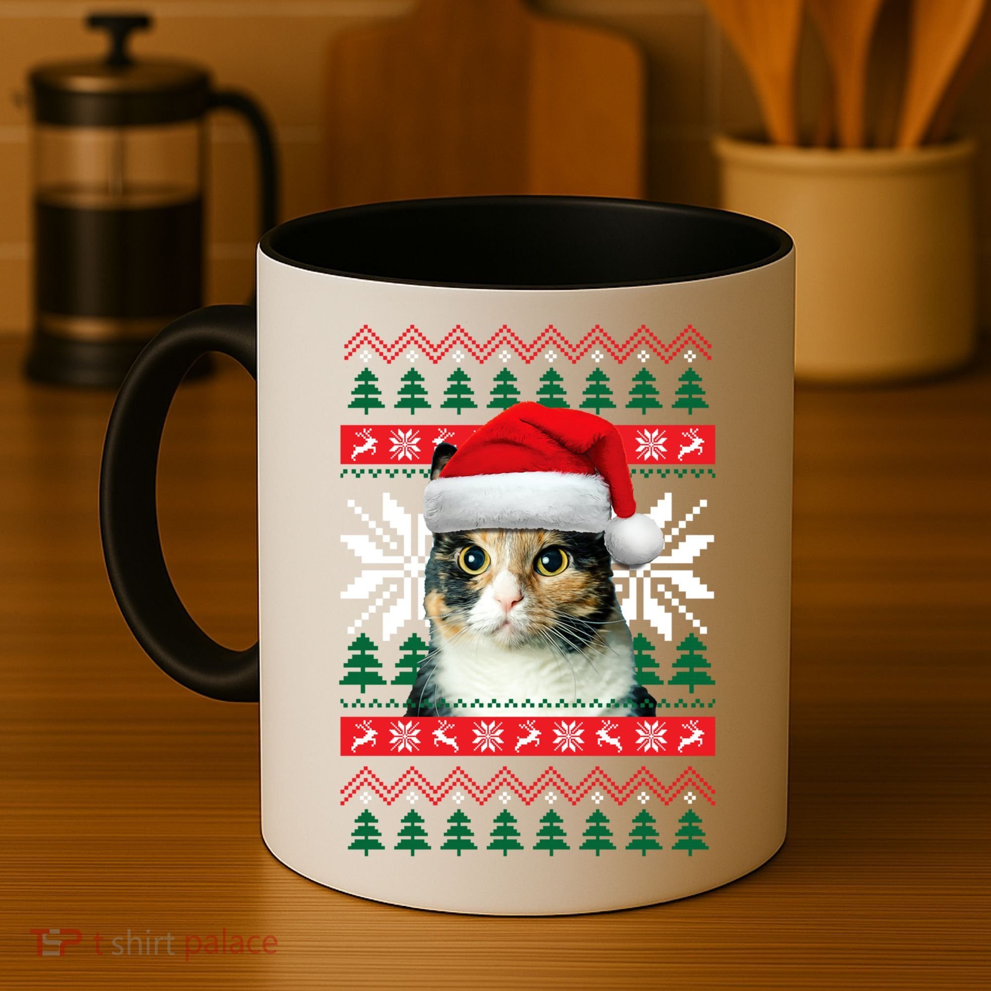 Calico Cat Ugly Christmas Sweater Style Santa Hat Kitty Mom Gift Coffee Mug