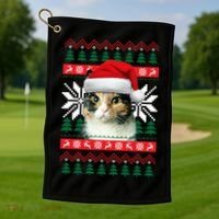 Calico Cat Ugly Christmas Sweater Style Santa Hat Kitty Mom Gift Golf Towel thumb 1