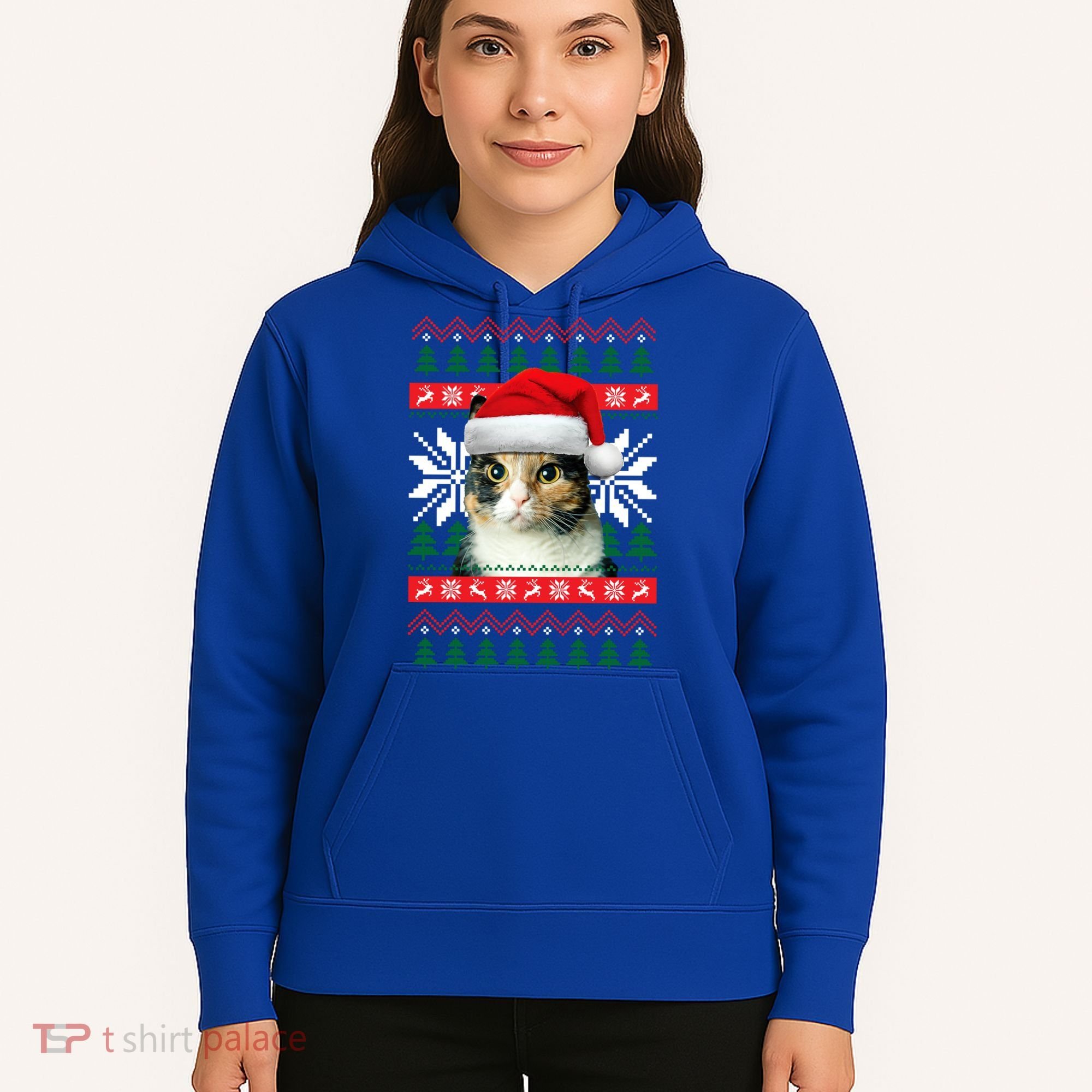 Calico Cat Ugly Christmas Sweater Style Santa Hat Kitty Mom Gift Hoodie