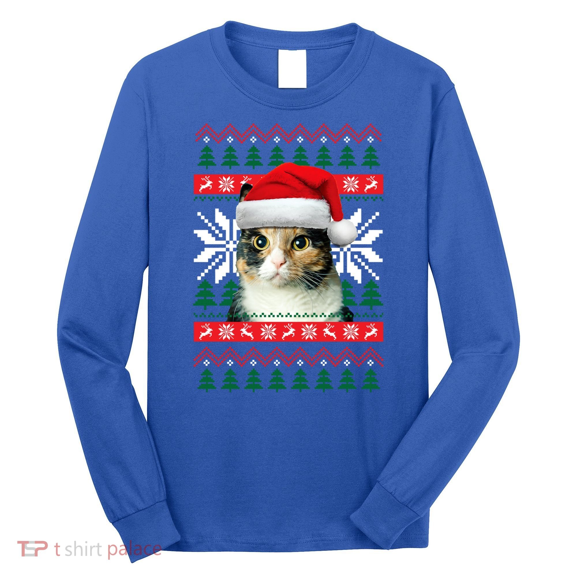 Calico Cat Ugly Christmas Sweater Style Santa Hat Kitty Mom Gift Long Sleeve Shirt