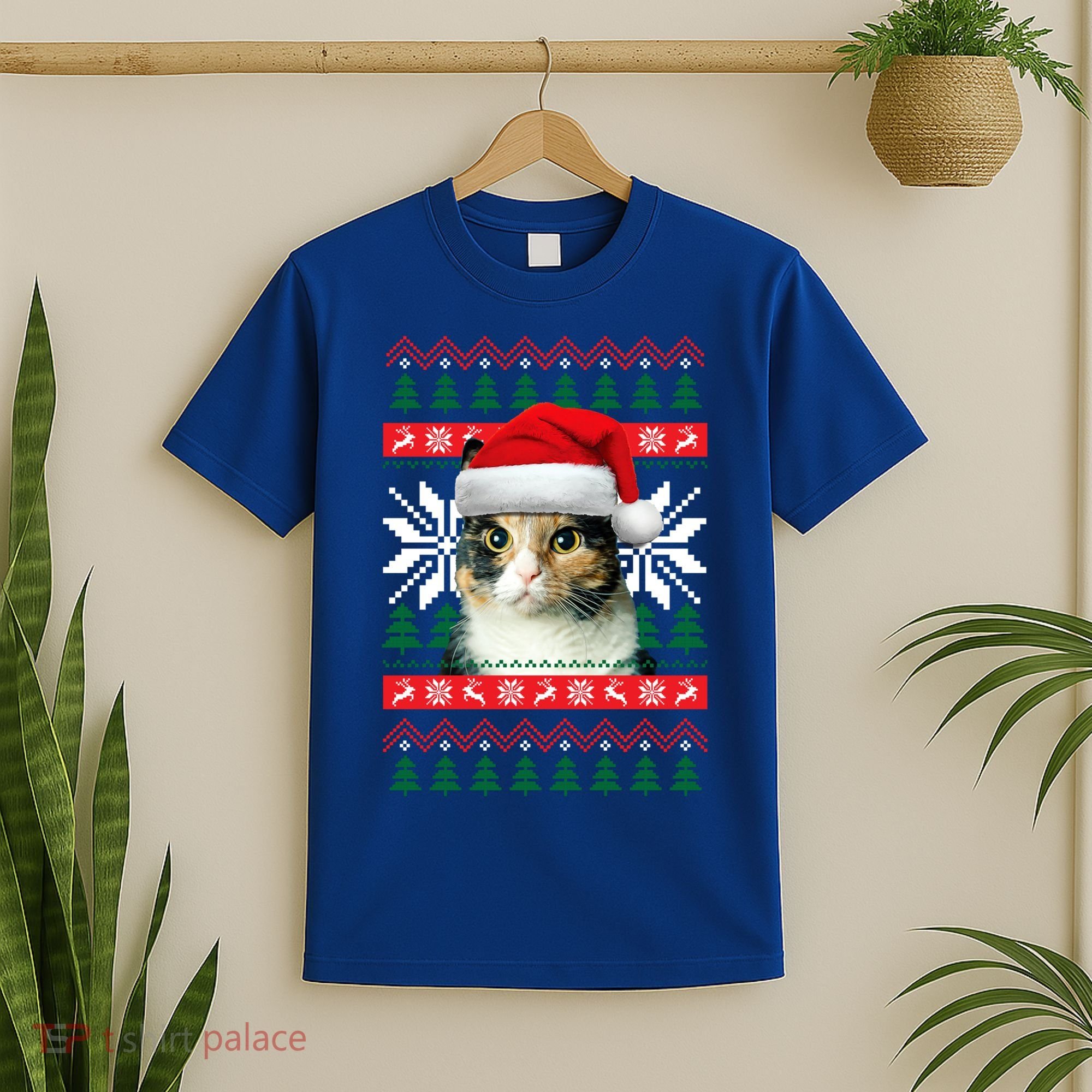 Calico Cat Ugly Christmas Sweater Style Santa Hat Kitty Mom Gift T-Shirt