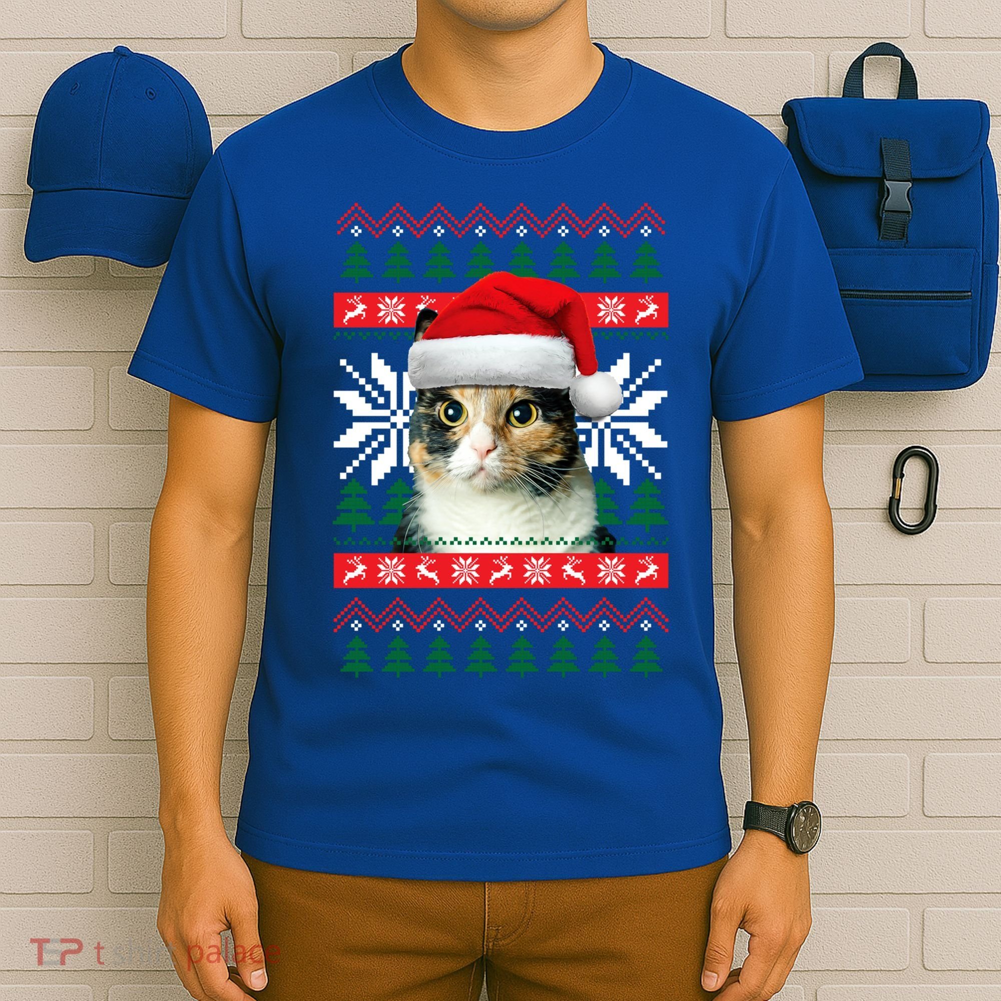 Calico Cat Ugly Christmas Sweater Style Santa Hat Kitty Mom Gift T-Shirt