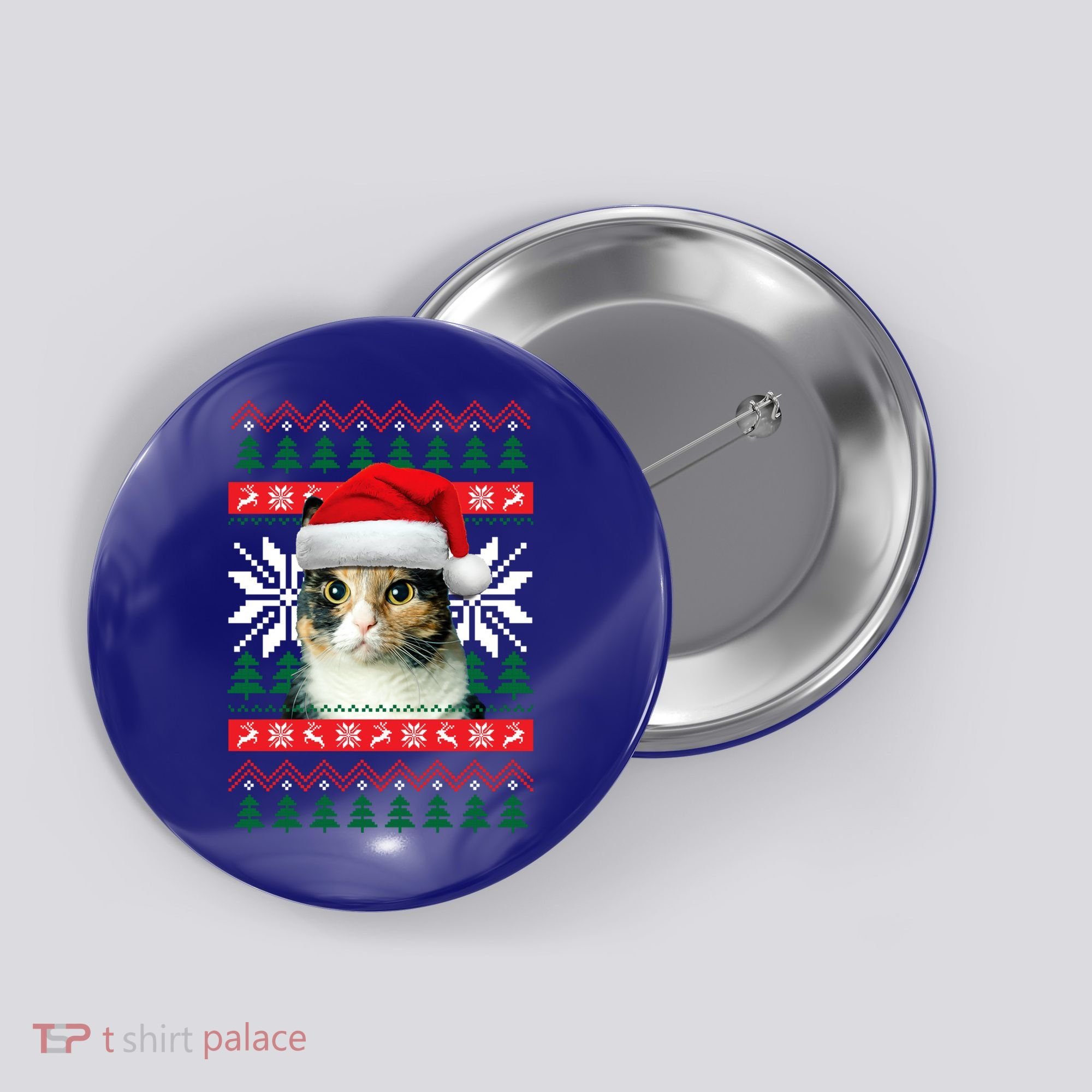 Calico Cat Ugly Christmas Sweater Style Santa Hat Kitty Mom Gift Button