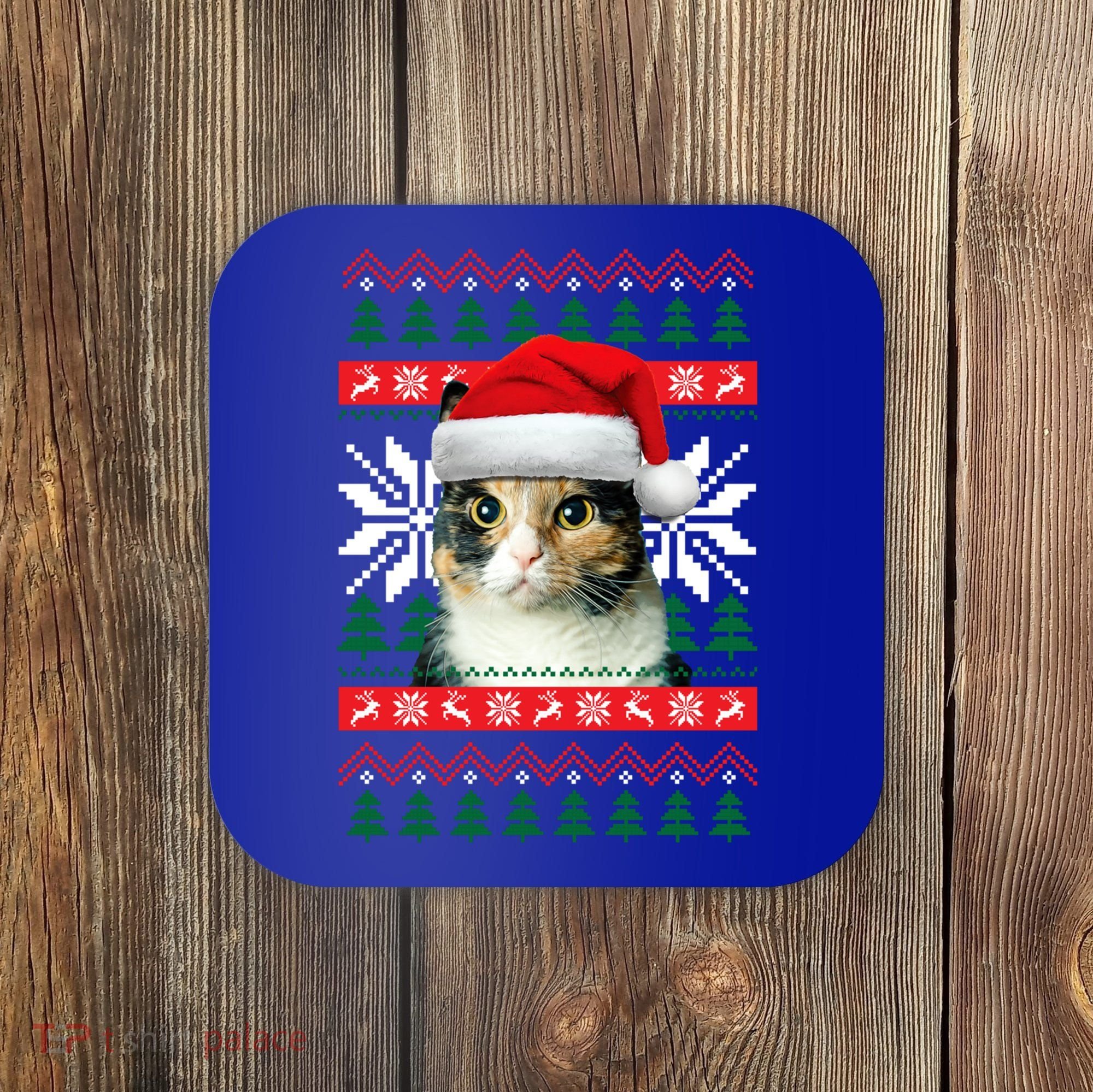 Calico Cat Ugly Christmas Sweater Style Santa Hat Kitty Mom Gift Coaster