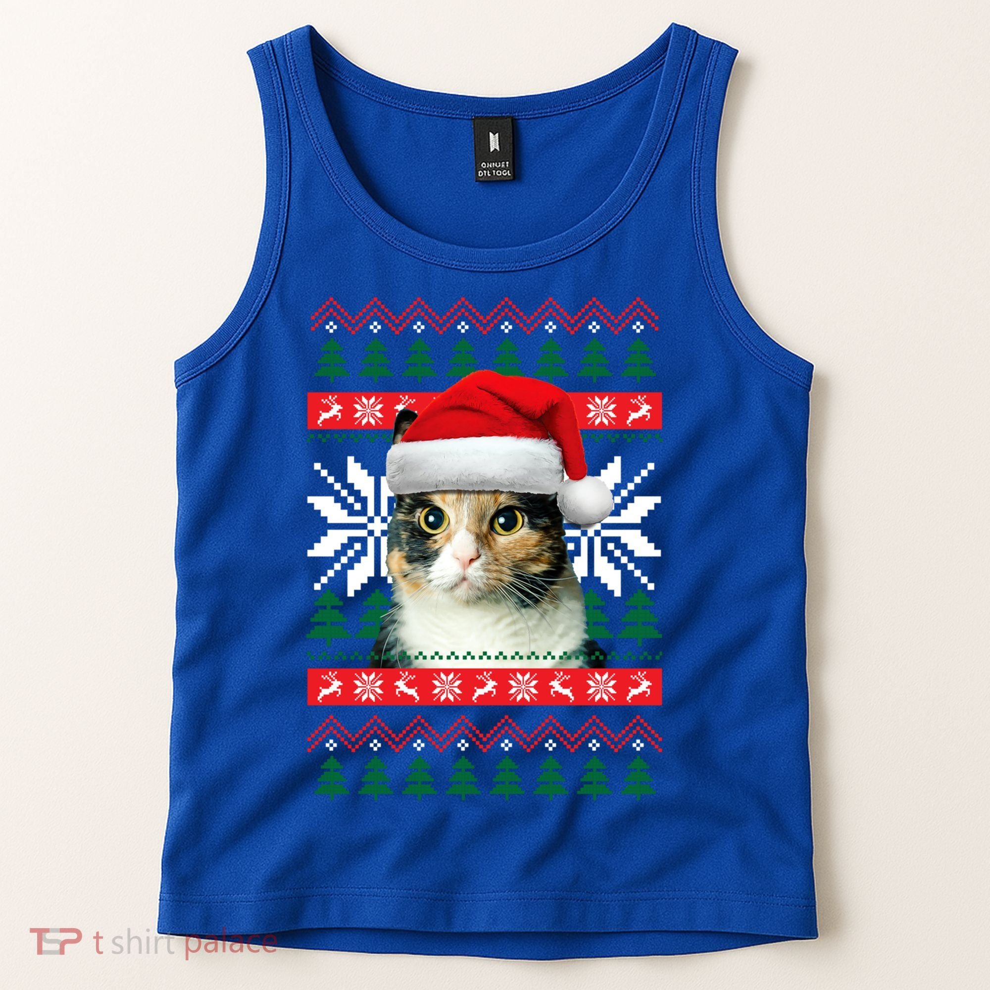 Calico Cat Ugly Christmas Sweater Style Santa Hat Kitty Mom Gift Tank Top