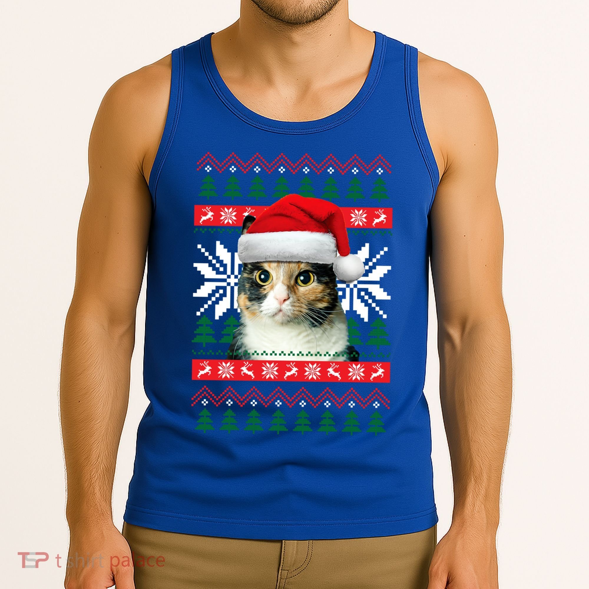 Calico Cat Ugly Christmas Sweater Style Santa Hat Kitty Mom Gift Tank Top